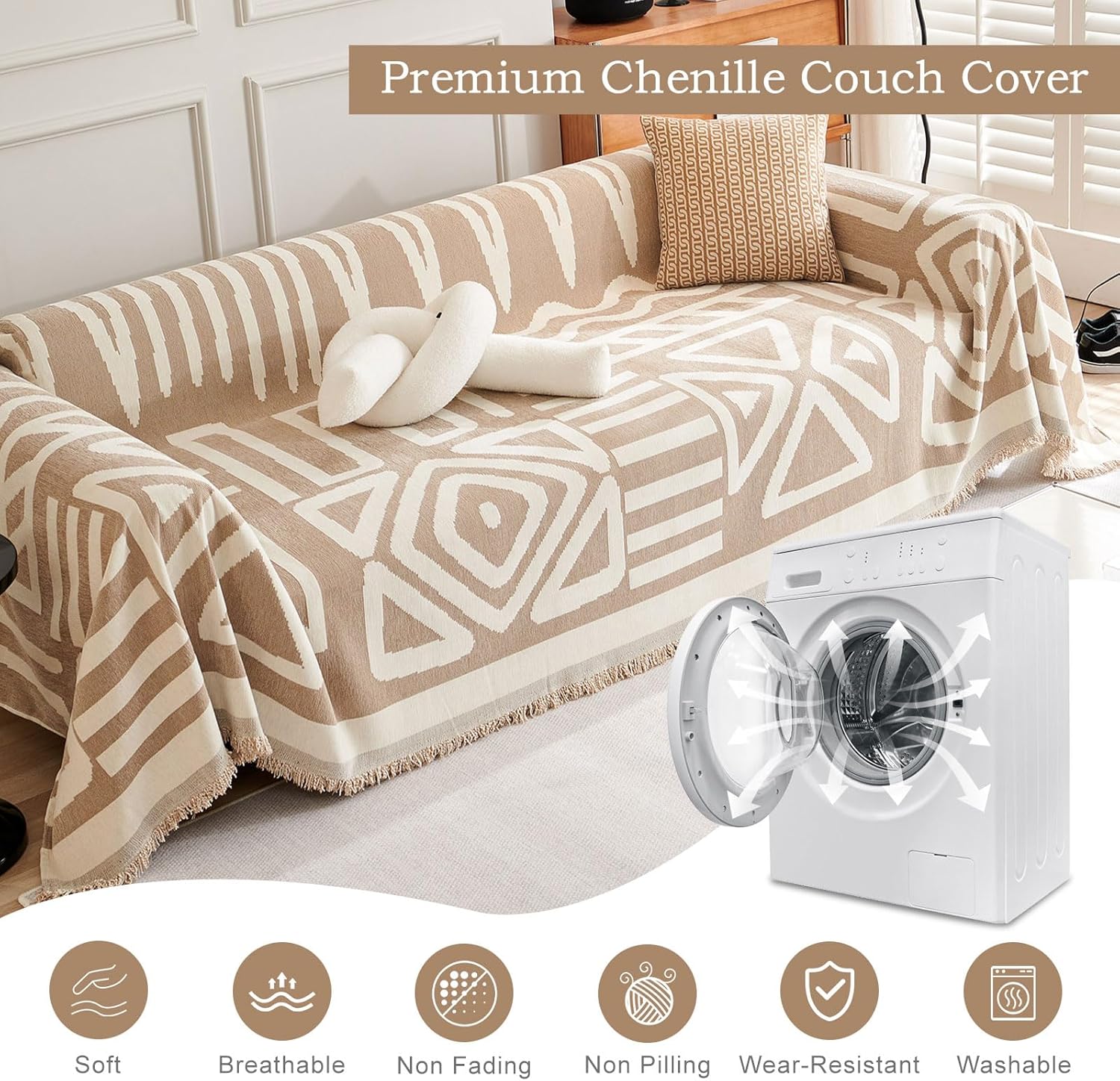 ROOMLIFE Khaki Boho Couch Cover for 3 Cushion Couch L Shape Sofa Covers for Sectional Sofa Reversible Silpcover for Dogs Washable Chenille Furniture Protector for Living Room, 71"x134"