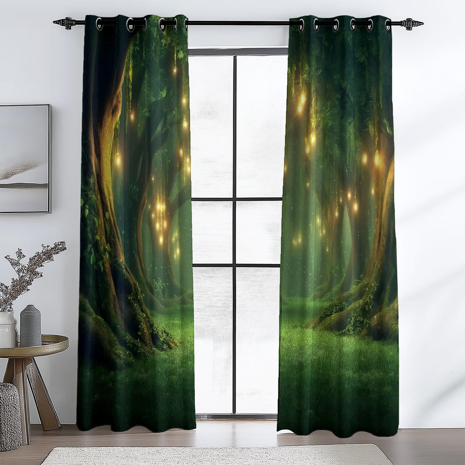 Marzycielskie światła w lesie zasłony z nadrukiem 140 cm x 240 cm (2 panele) zasłony sypialnia pokój dziecięcy młodzież izolowane termicznie zasłony okienne zielone