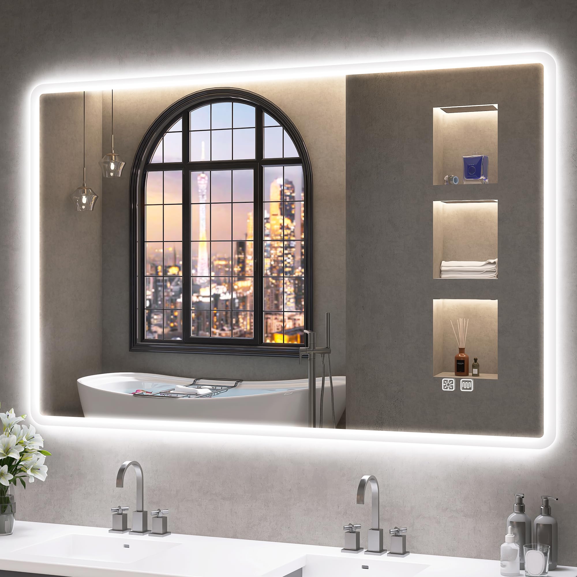 Miroir de salle de bain anti-buée avec verre trempé HD et 3 couleurs LED