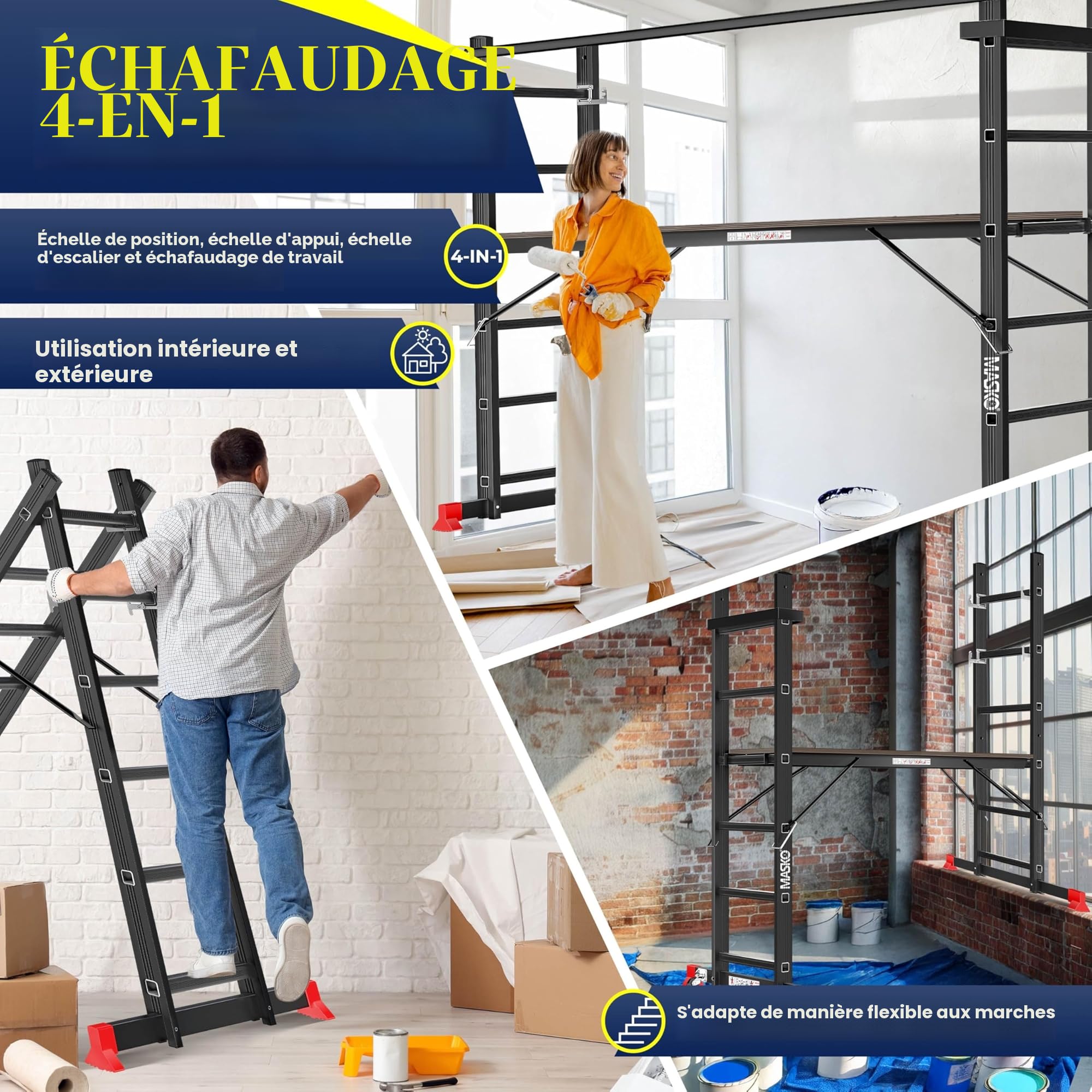 Masko® Echafaudage de Construction en Aluminium, Cadre en Aluminium, échelle, Cadre de Plate-Forme de Travail, jusqu'à 150 kg, revêtement antidérapant, échelle d'échafaudage, certifié GS (en 131)