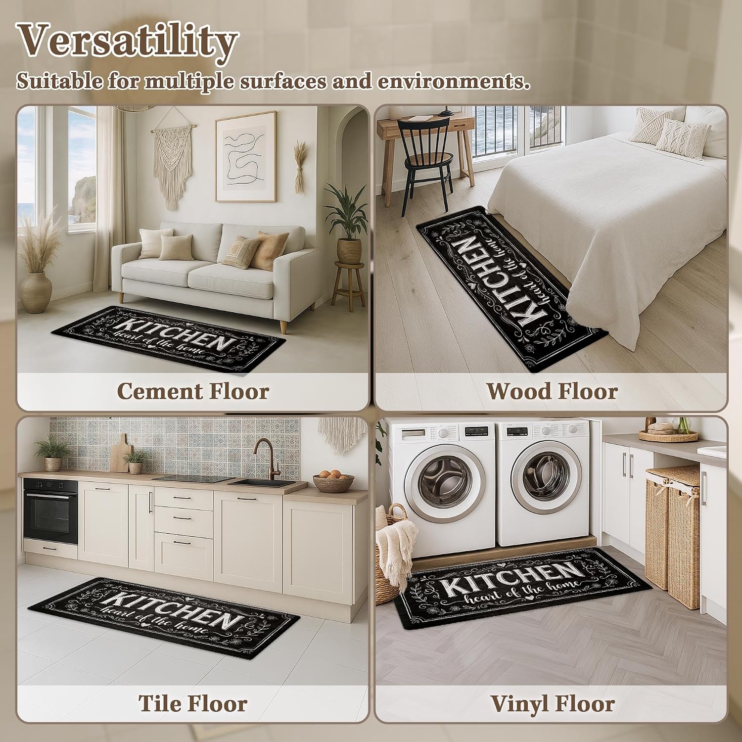 Kitchen Rugs Set of 2, Cushioned Anti Fatigue Kitchen Mats for Floor, Waterproof Non Slip Mat, Washable PVC Comfort Foam Standing Mat for Sink, Laundry, Office, 17.3" x 28" + 17.3" x 47" Black Wooden1