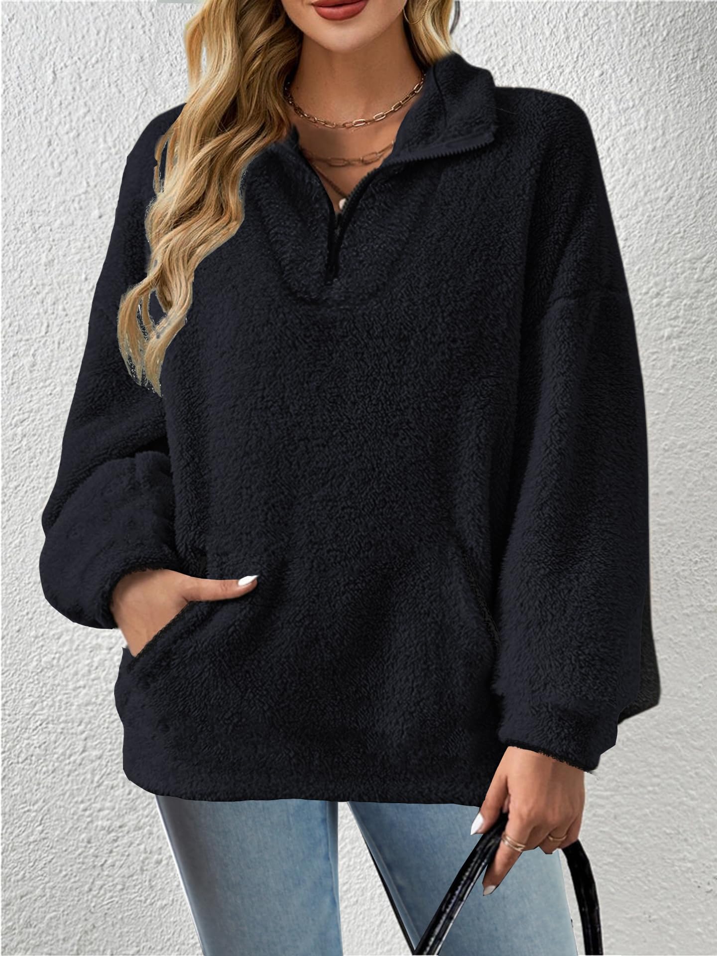 Pull Femme Casual Polaire Zippé Streetwear 1/4 Zippé Polaire Chaud Sweat-Shirt avec Poche Élégant Streetwear Pullover Automne Hiver