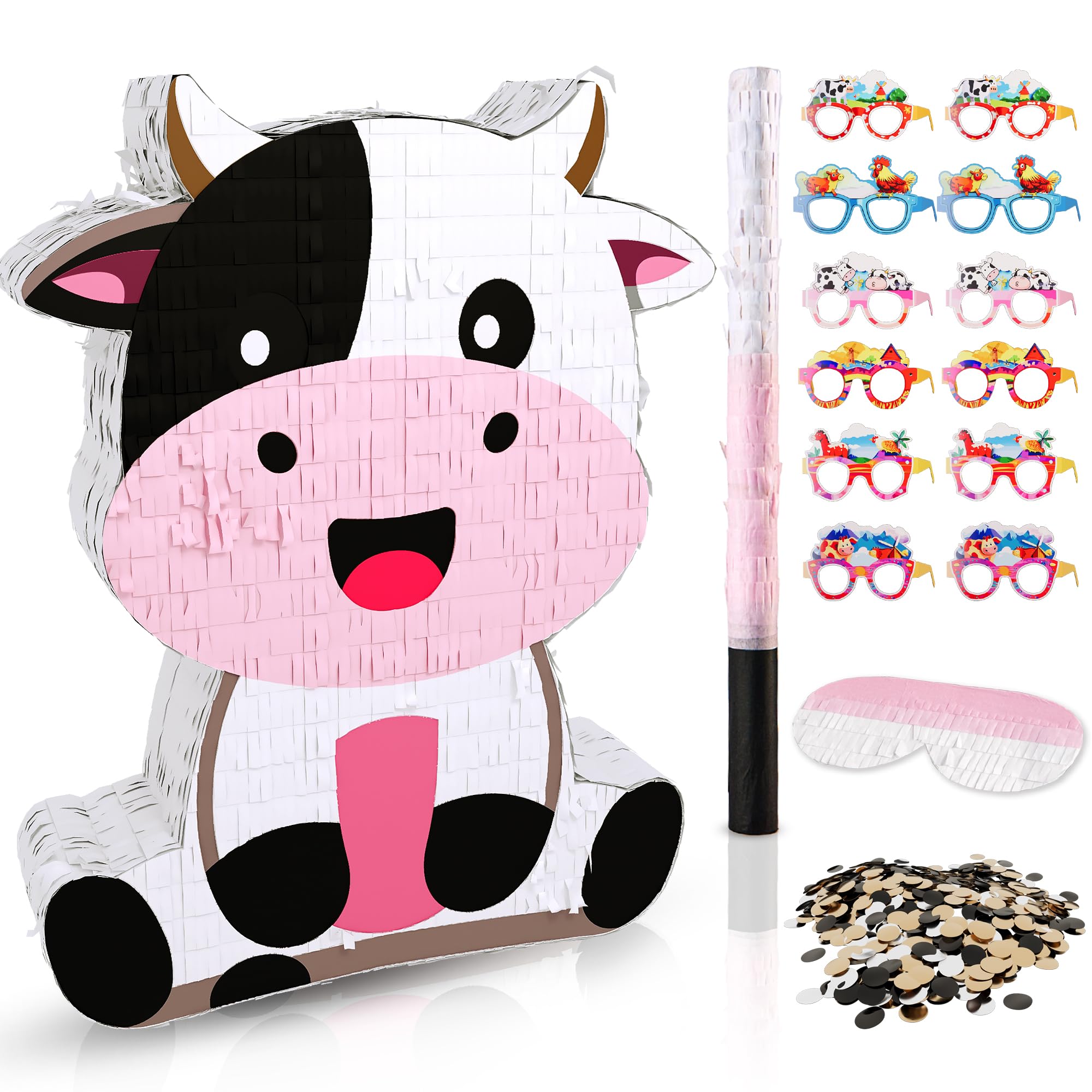 Bonita piñata de vaca para cumpleaños de niñas y niños, piñata de vaca rosa que incluye venda, palo y confeti, decoración perfecta para fiestas temáticas de animales de granja (16 x 13 x 3.5 pulgadas)