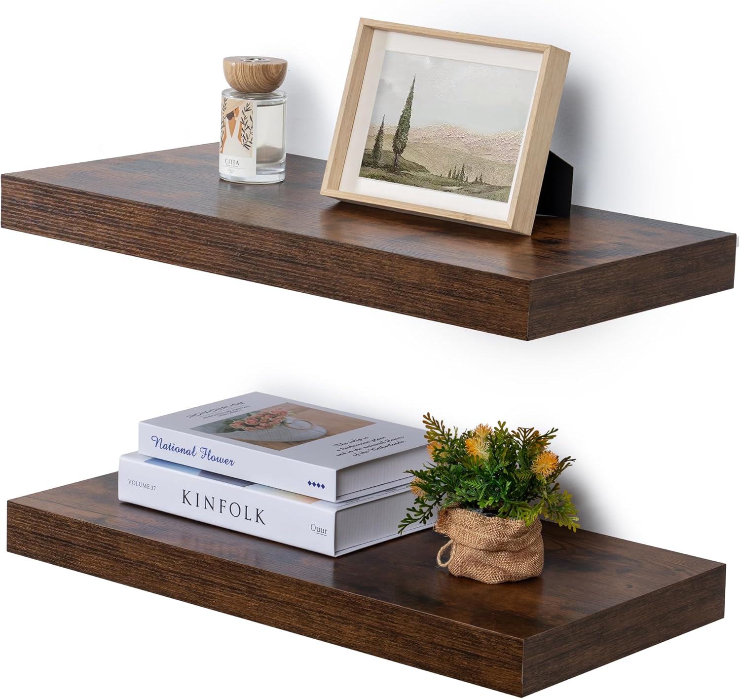 ( different color ) Fun Memories 12" Deep Floating Shelves, Rustic Wood Wall Shelves for Wall Decor & Storage, 24 x 12 Floating Shelf for Living Room, Bathroom, Bedroom, Rustic Brown, Set of 2 24"W x 12"D x 2"H, 2 Pack Rustic Brown