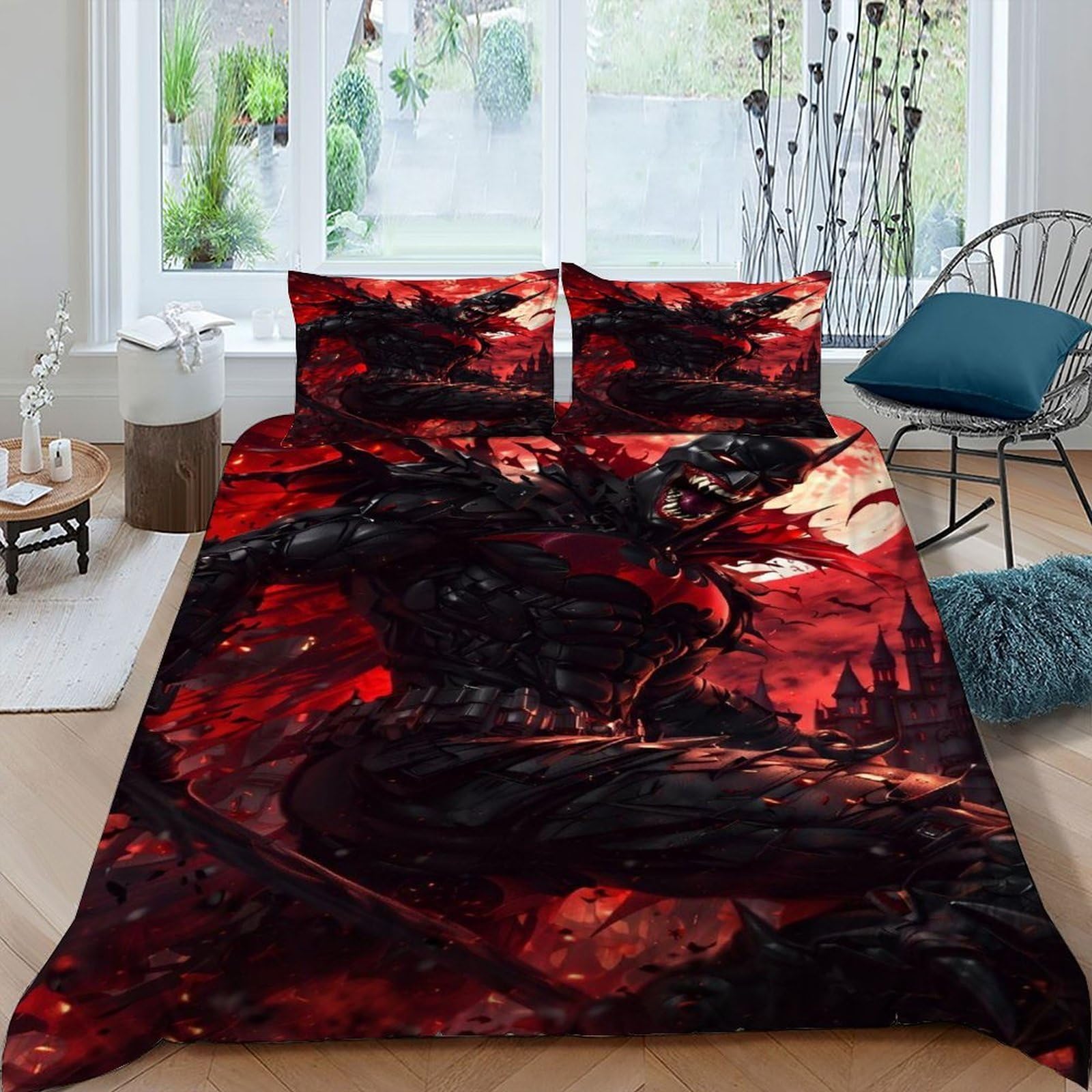 Batman Blood Moon Bedding Set 3 Pieces Theme Bedspread Gothic Themes Duvet Cover Set Microfiber Quilt Cover Suitable for Family,couple,children with Pillow King(220x240cm)