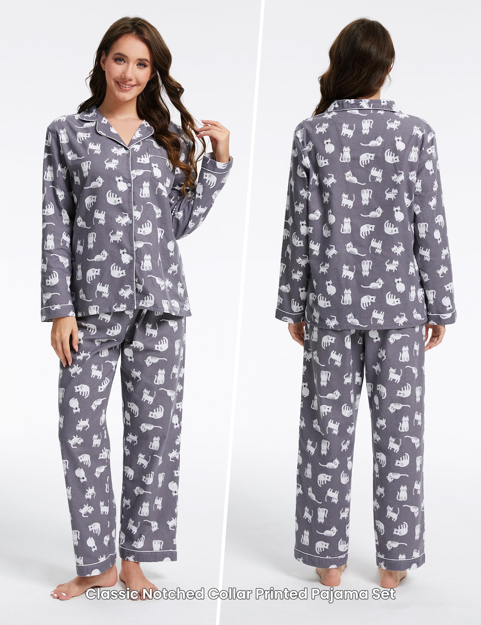 CHUNG Ensemble de pyjama en coton brossé à manches longues et pantalon boutonné en flanelle pour femme, vêtements de nuit confortables et chauds, grande taille