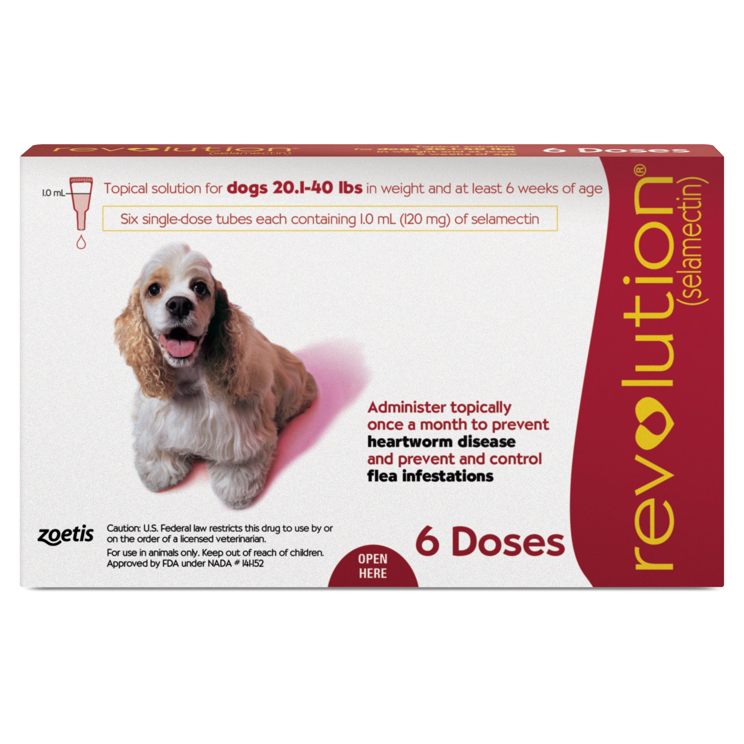 Revolution (selamectin) Topical Solution for Dogs, 20.1-40 lbs (Red), 6 Tubes