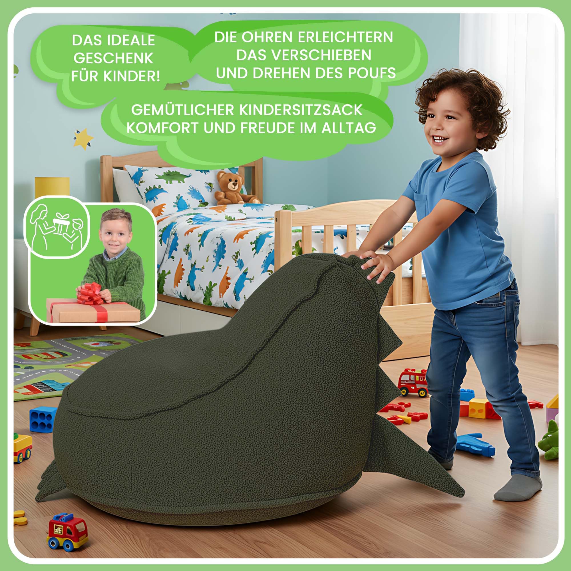 DreamRoots Sitzsack Kinder Dino Form - Kindersessel 315 g/m² Weicher Bouclé Oeko-TEX mit Schaumstoffflocken - Sessel Kinderzimmer, Waschbarer Bezug, Dunkelgrün
