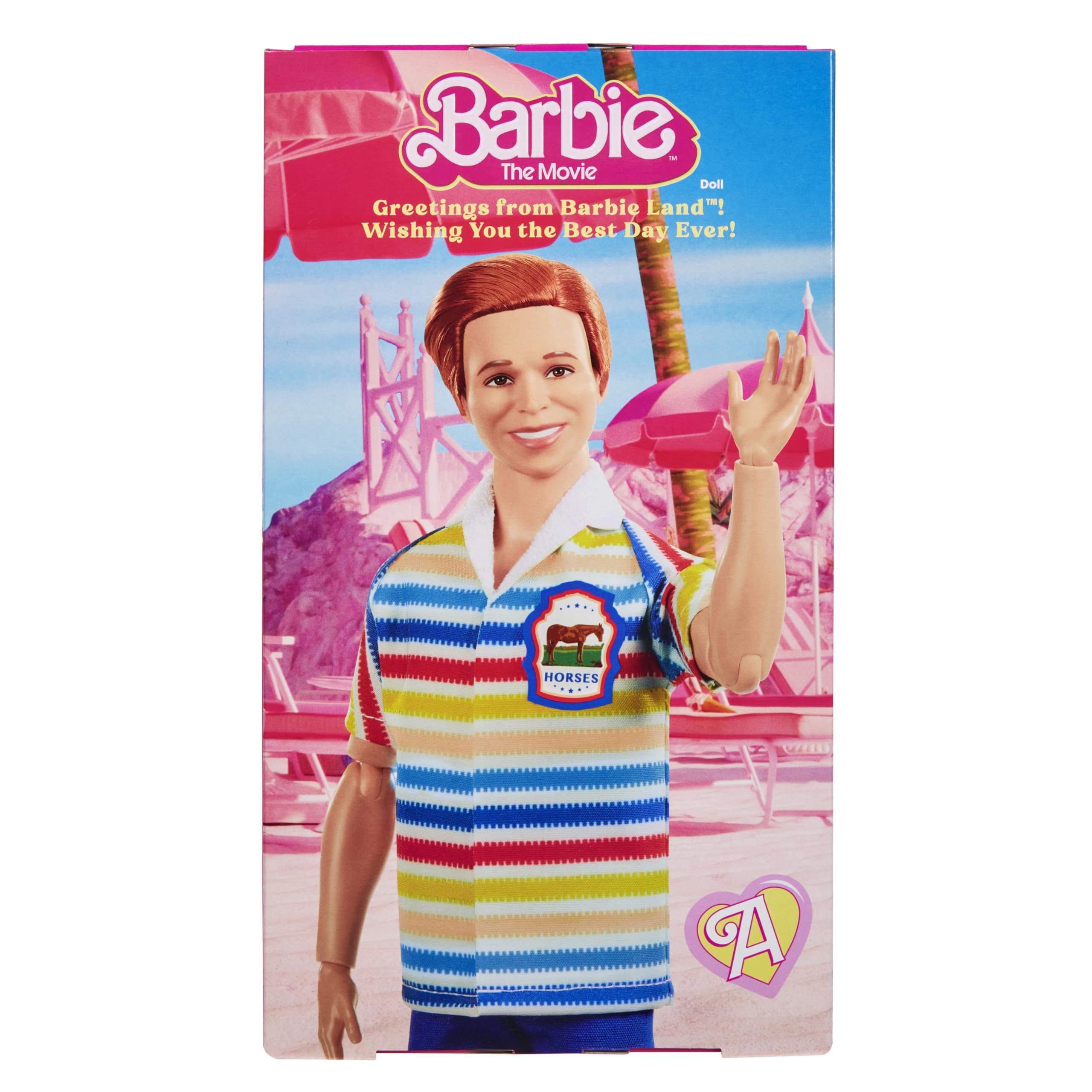 Barbie Movie Allan Kolekcjonerska lalka filmowa, 2 zdejmowane stroje z filmu (różowy kombinezon i niebieski pasiasty strój plażowy), okulary przeciwsłoneczne, zabawka dla dzieci 6+, JBJ42