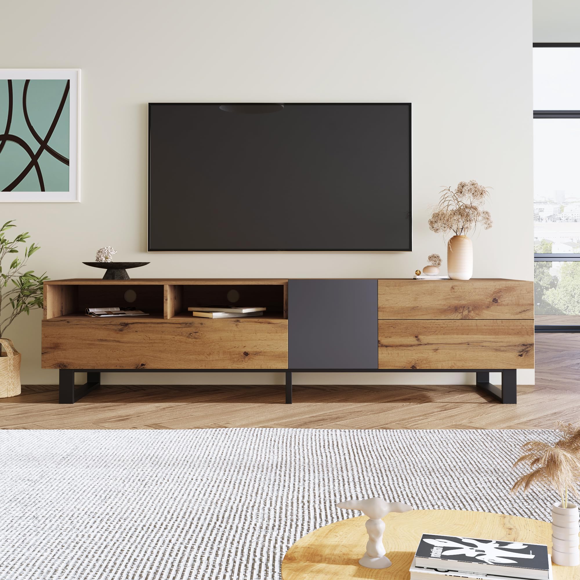 Meuble TV 180 cm Bois et Noir, Table Télévision Salon Rangement Portes Coulissantes sans Poignée, 5 compartimentset 2 tiroirs, Pieds Métal, Lowboard pour Téléviseur jusqu'à 50 kg (180x38x50)