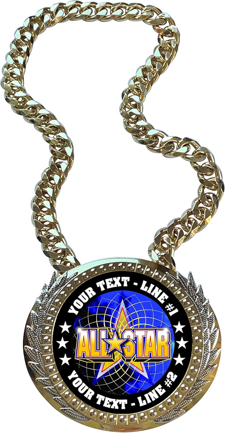 Express Medals Metal Version All Star Champ Chain Trophy with 2 Lines of Personalized Custom Text on a Large Award Medal and Attached 34 inch Long Metal Neck Chain. FCL402