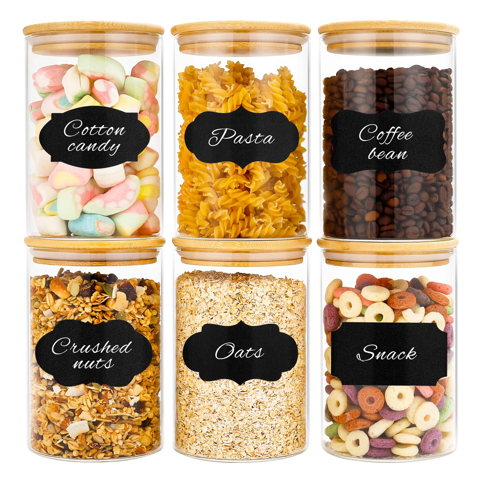 37oz Glass Jars with Bamboo Lids 6 Pack, Clear Airtight Food Glass Storage Jars, Round Durable Kitchen Glass Storage Containers for Noodles Flour Cereal Rice Sugar Tea Coffee Beans Candy 1100ml