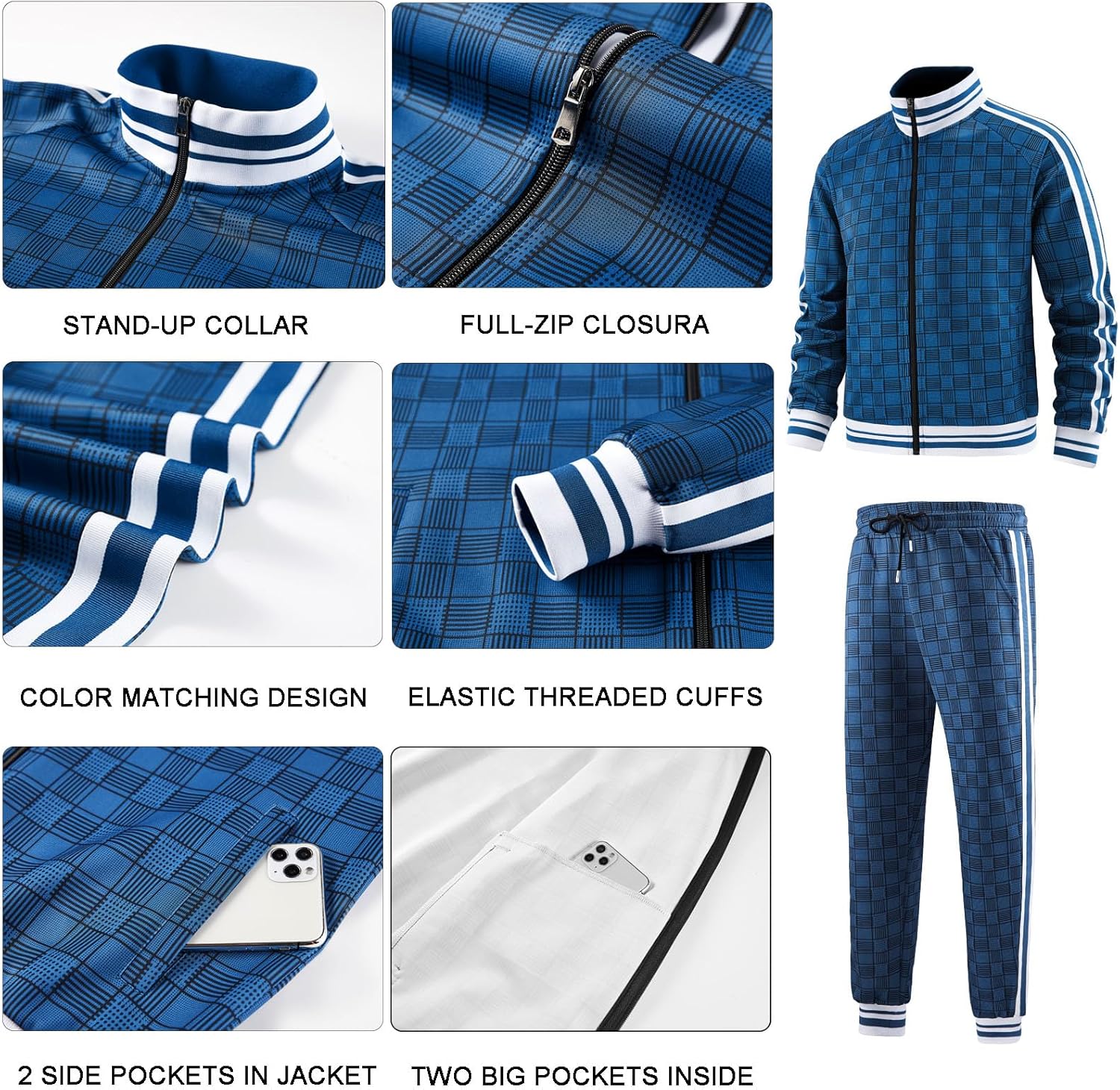 Men Tracksuits Full-zip Long Sleeve Plaid Track Jackets and Pants 2 Piece - Image 5