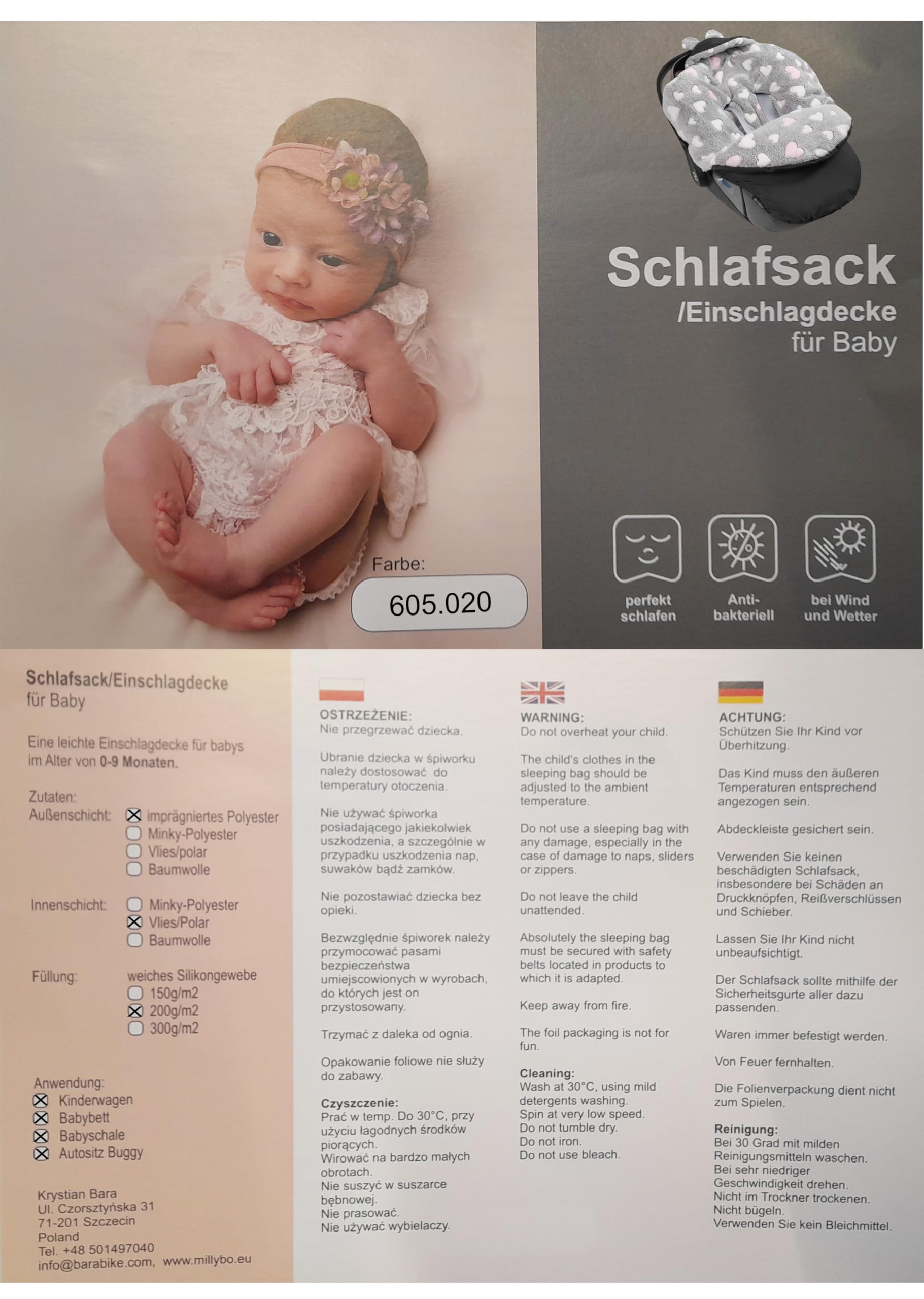 Einschlagdecke für Babyschale – Warmer Fußsack für Baby, Kuschelige Babydecke für Kinderwagen, Kindersitz & Babybett, Ideal für Herbst & Winter, Made in EU (605.020 Grau/Herz rosa)