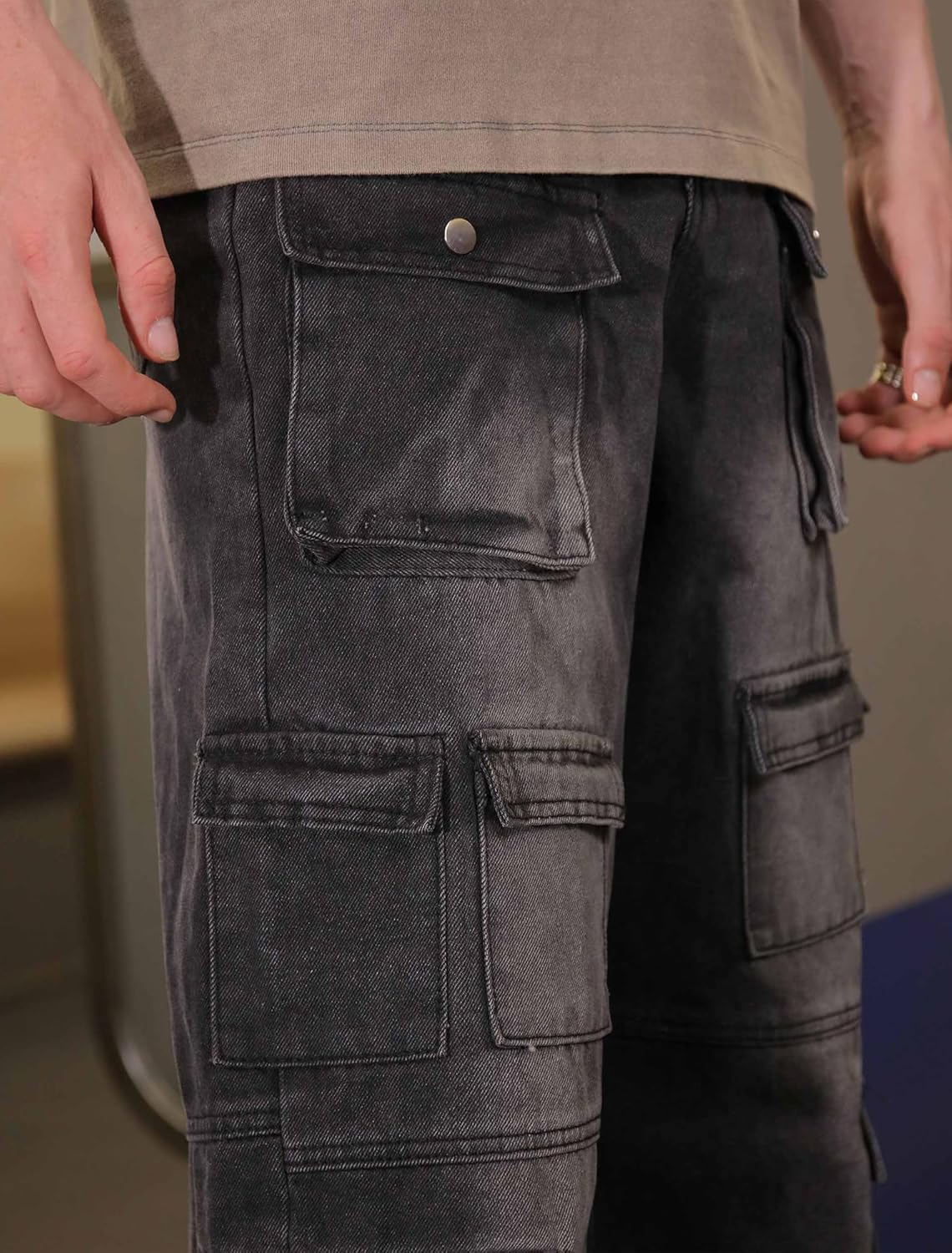 LOGEQI Mens Baggy Cargo Jeans Wide Leg Hip Hop Jeans Streetwear Loose Fit Denim Pants - Image 5