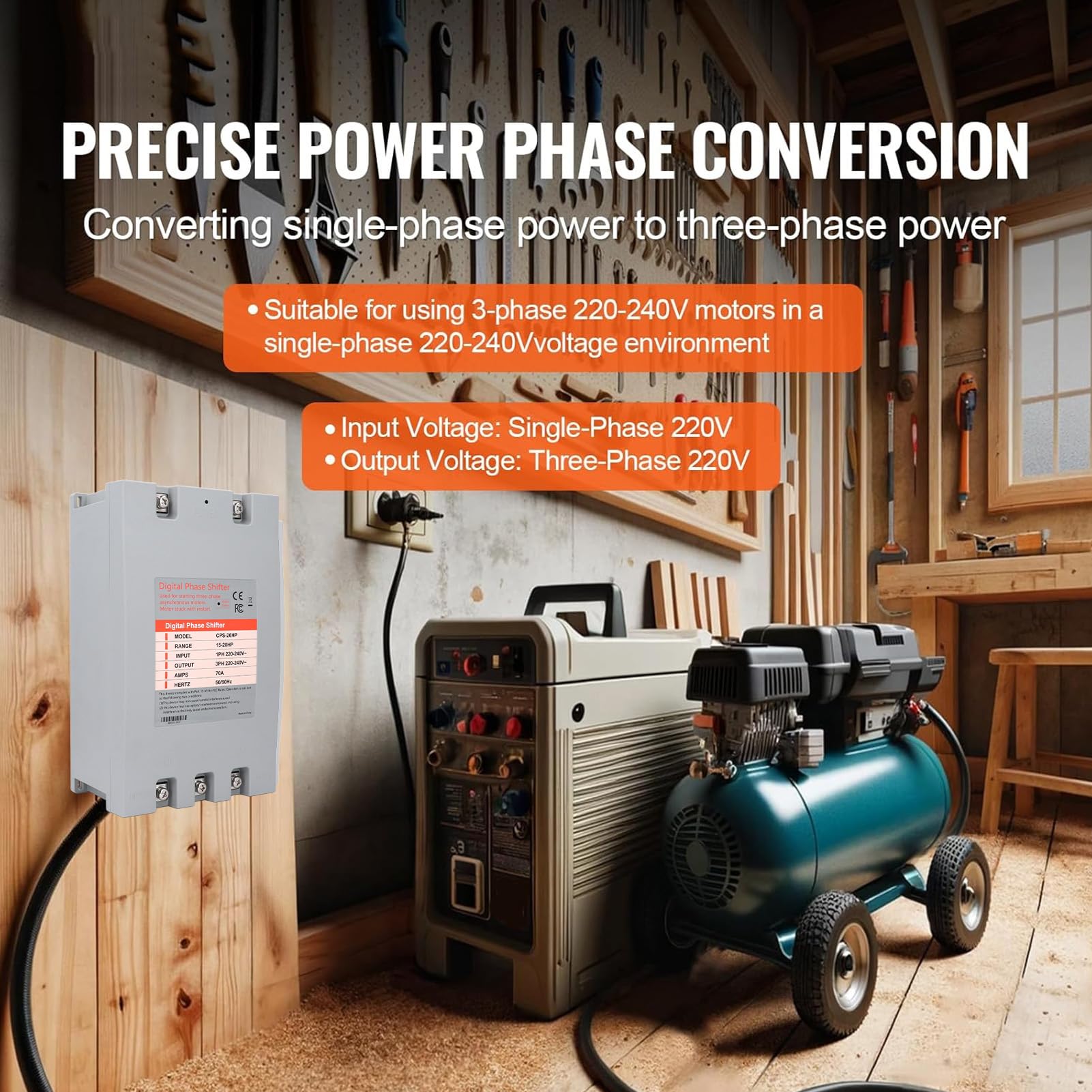 Garosa Convertitore Monofase-trifase, Sfasatore Digitale per Motori CA 11-15KW 70A, Inverter Industriale Compatto per Macchine per la Lavorazione del Legno Ascensori per Auto Motori Idraulici