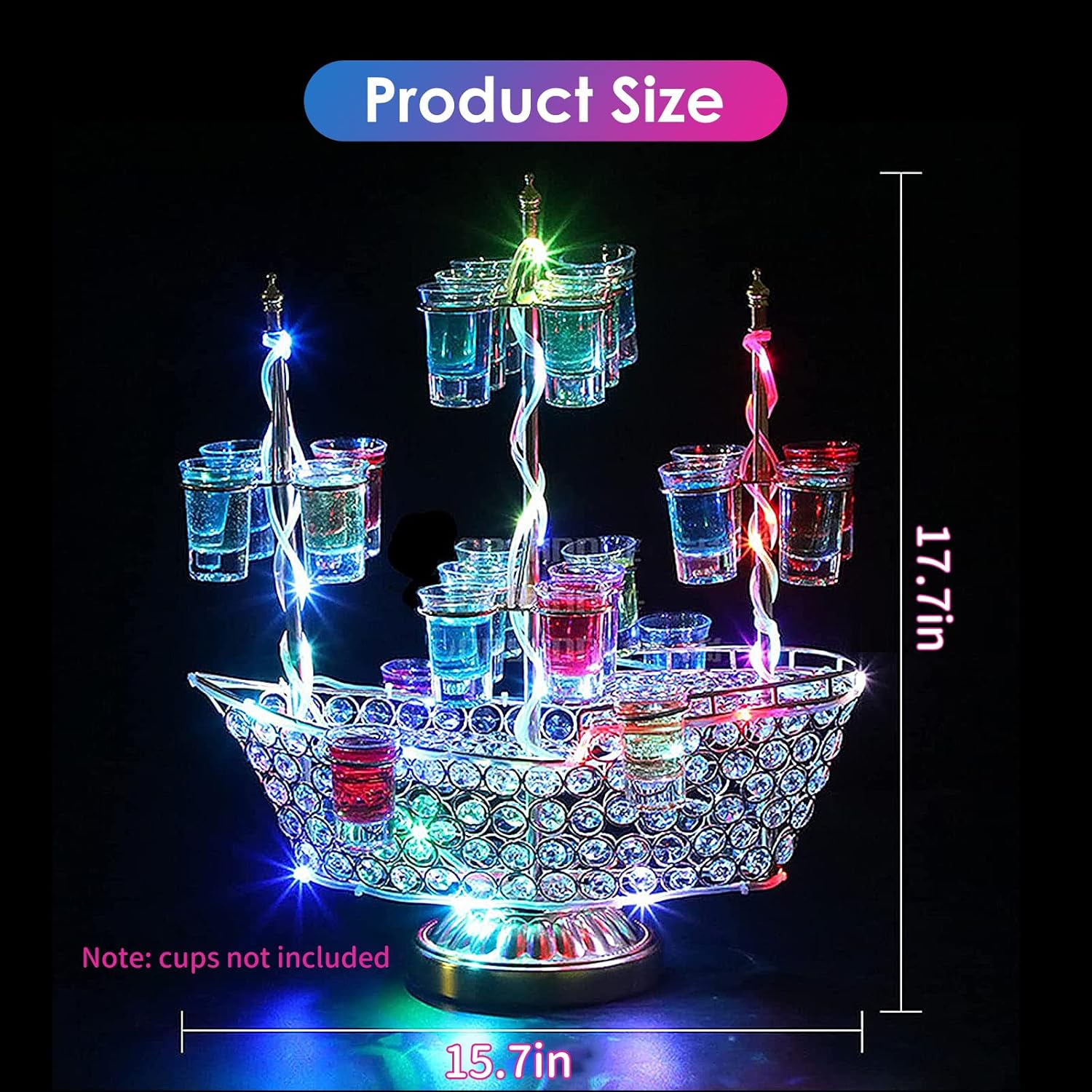 LED Neon Champagne Wine Electroplate Metal Cup Holder Ship Shaped Rechargeable Cocktail Shelve with 24 Wine Holes for Party Club, KTV, Bar,Birthday, Wedding, Anniversary