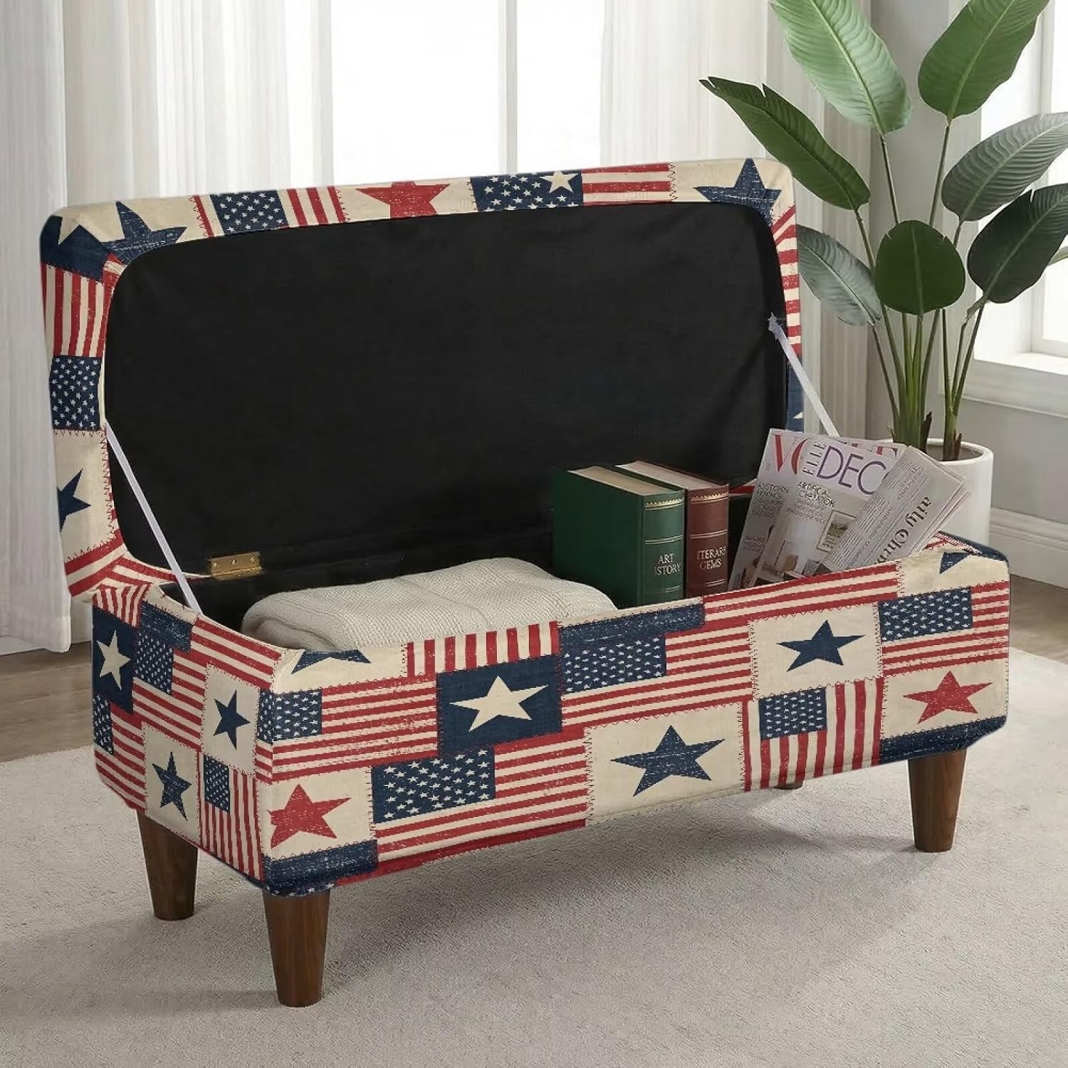 American Flag Plaid Pattern Ottoman Cover Stretch Jacquard Rectangle Ottoman Cover Soft Ottoman Slipcover 4th of July Decor Storage Foot Stool Cover with Elastic Bottom for Living Room, S