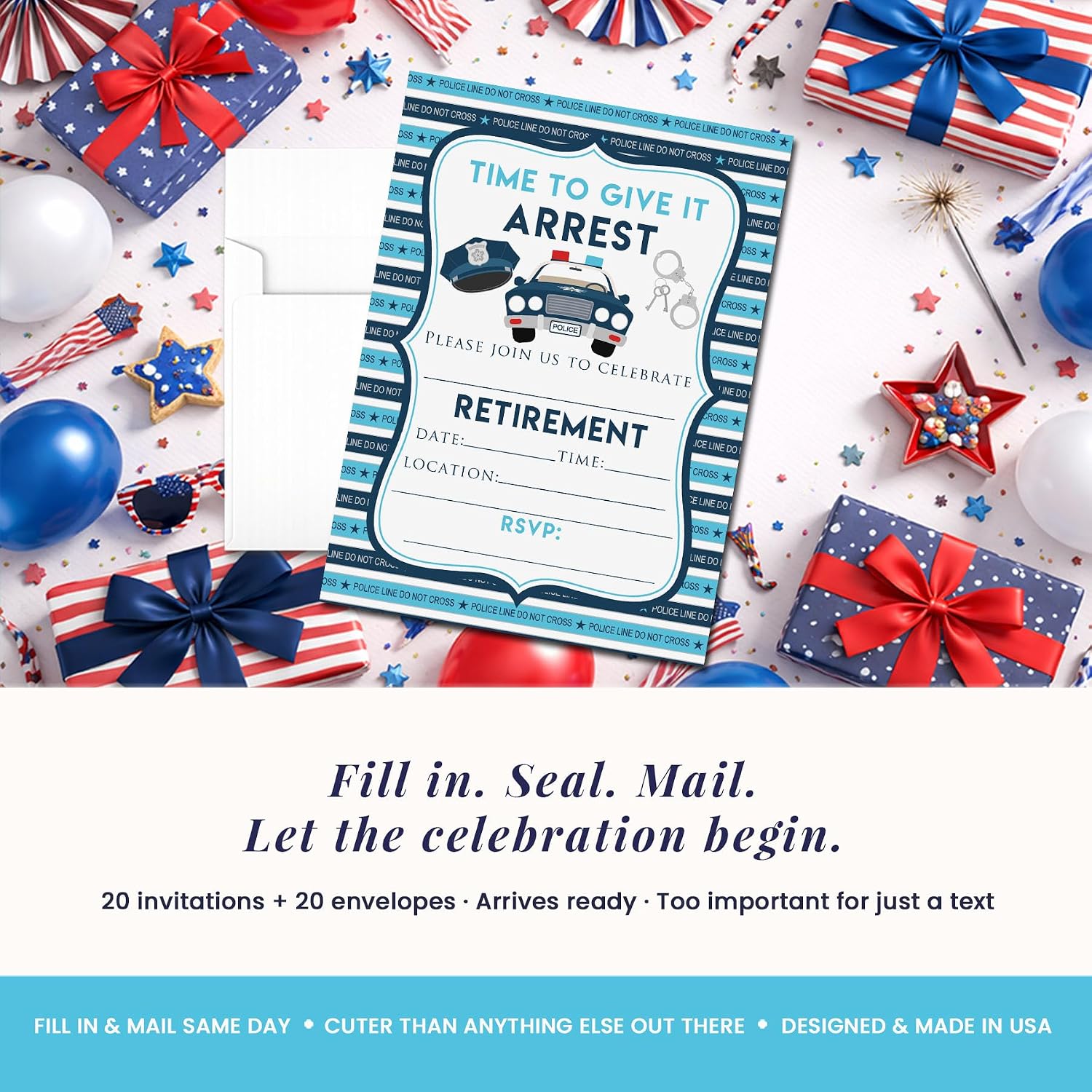 Police Retirement Party 20 Invitations 5"x7" Double-Sided Fill-In Cards with Envelopes, Law Enforcement Stationery Set, Bold Police Car Handcuffs Do Not Cross Theme, Made in USA by Amanda Creation