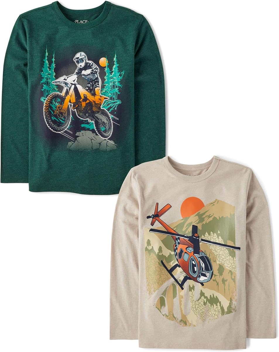 The Children's Place Gamer,Cars,Camisetas deportivas con gráficos de manga larga para niño, paquete de 2