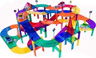 PicassoTiles 150 Piece Race Car Track Building Block Educational Toy Set Magnet Tile Magnetic Blocks Playset 4 Cars Early STEM Learning Construction Kit Hand-Eye Fine Motor Skill Brain Training PTR150