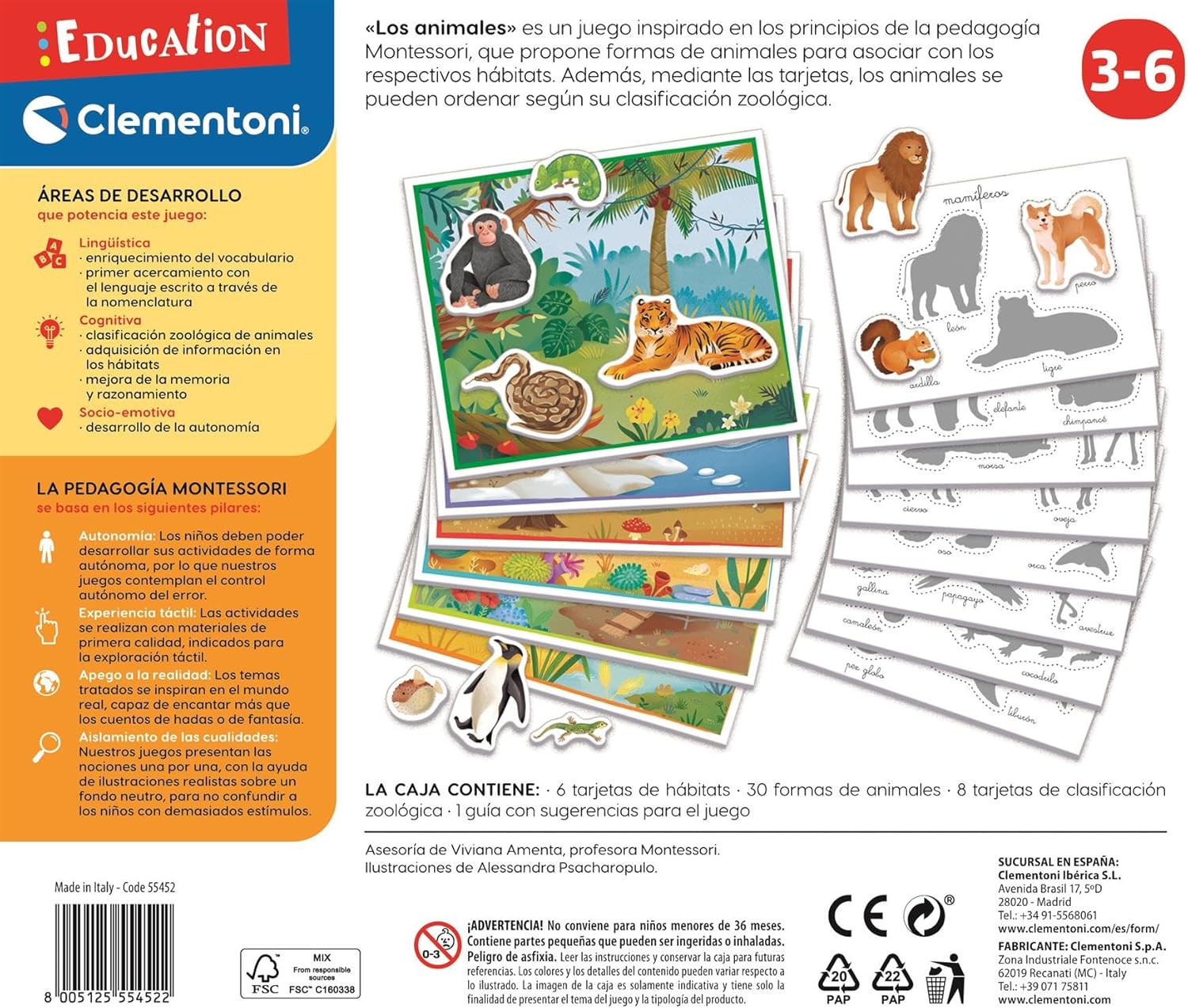 Clementoni- Montessori Animals, Montessori Animal Educational Game, Toy in Spanish from 3 Years (55452)