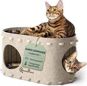 DownyPaws Katzenhöhle Filz, Katzenhaus aus Filz, 58 x 33 x 30cm, Beige | Katzenhöhle für Katzen, Peek-a-Boo zum Spielen, Winterfest, Schutz der Katzennägel