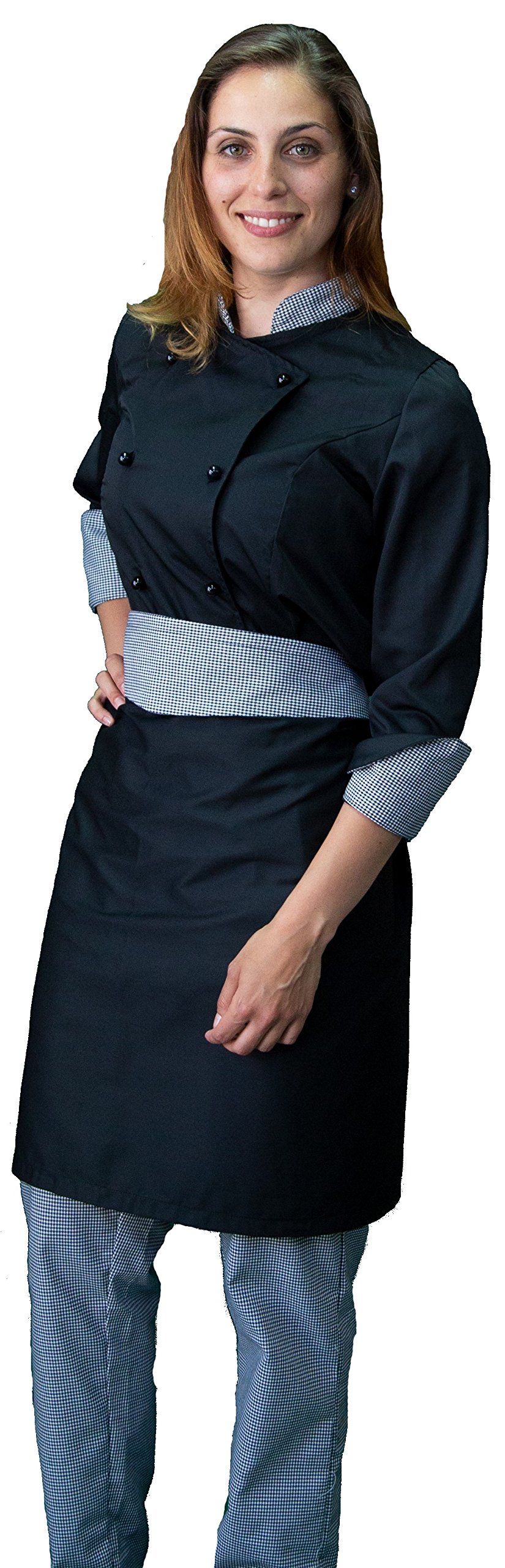 Ricamo Gratuito - Completo Cuoco da Cucina - Nero e Pied de Poule - Divisa Chef Donna per Ristoranti - Pantalone, Giacca e Grembiule - Made in Italy