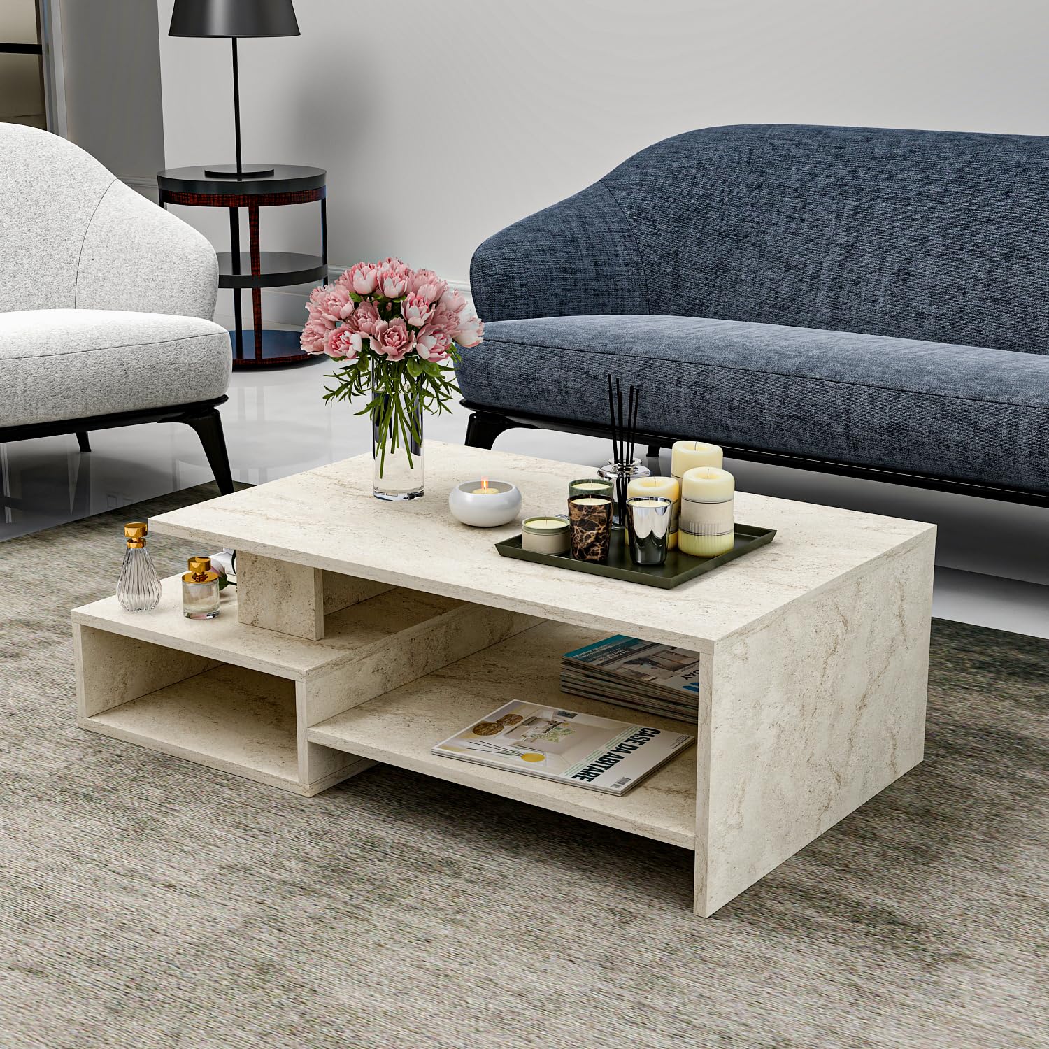 HOMIDEA DUX Couchtisch aus Holz - Wohnzimmertisch - moderner Kaffeetisch in trendigem Design mit Ablage (Travertin)