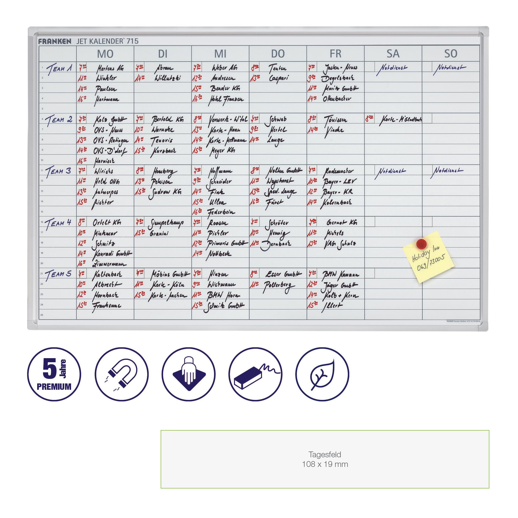 FRANKEN Monatsplaner über 7-Tage-Woche oder Wochenplaner für 25 Mitarbeiter, lackiert, magnetisch, beschreibbar, abwischbar, mit Aluminiumrahmen, Magnettafel zur Wandbefestigung, 90 x 60 cm, JK715