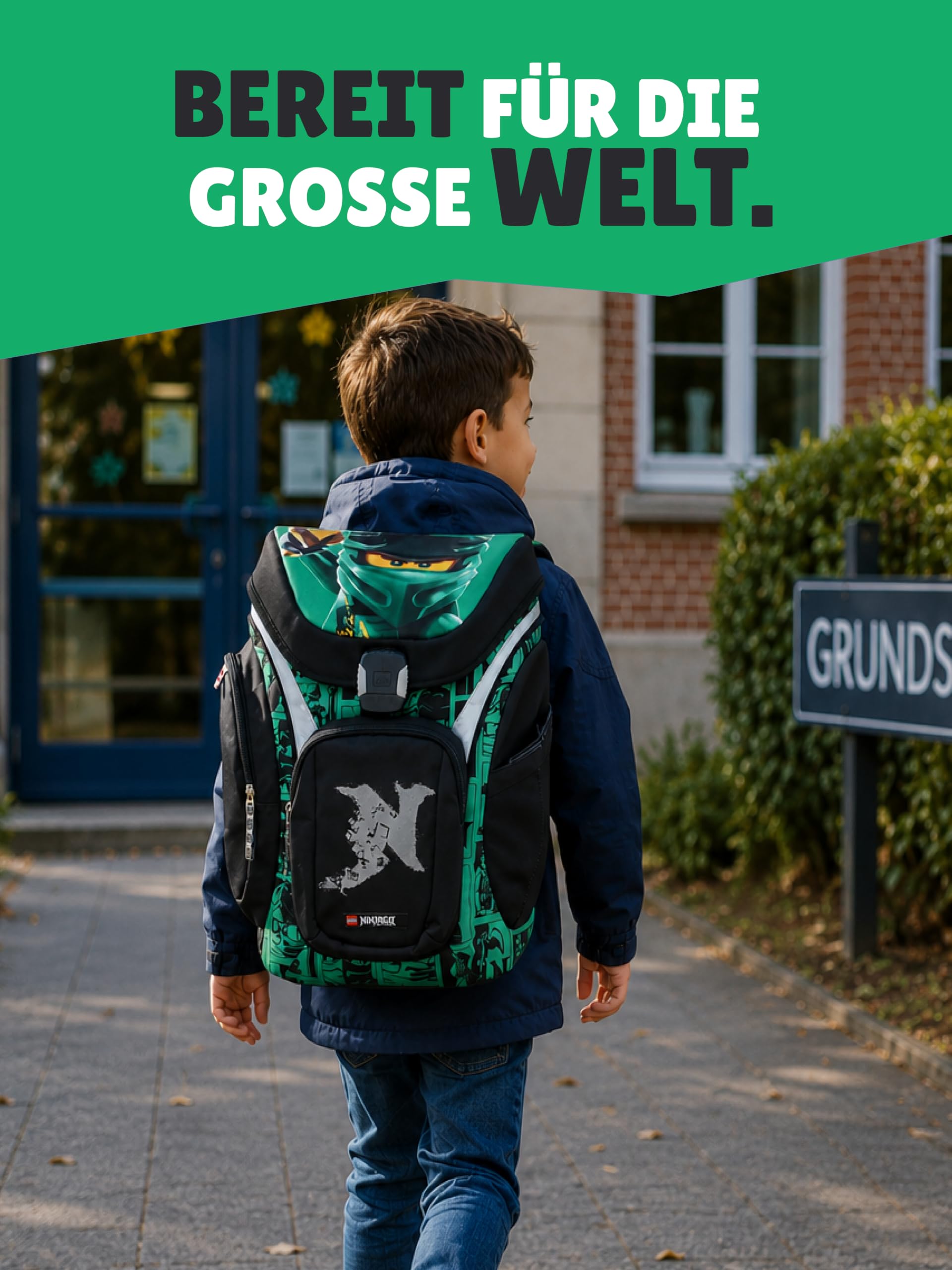 Familando - Schulranzen Set 8-teilig mit Lunch-Set - Ninjago Grün - Ergonomisch, stabil & mit gepolstertem Rücken - 1250g leicht mit 16L Volumen - wasserabweisend und mit Reflektoren - Ab 1. Klasse
