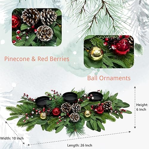 Miniatura 3 de Portavelas de Navidad, decoración de Navidad, 3 portavelas con piñas flocadas de nieve, ramas de cedro, agujas de pino, bayas, adorno de hojas de