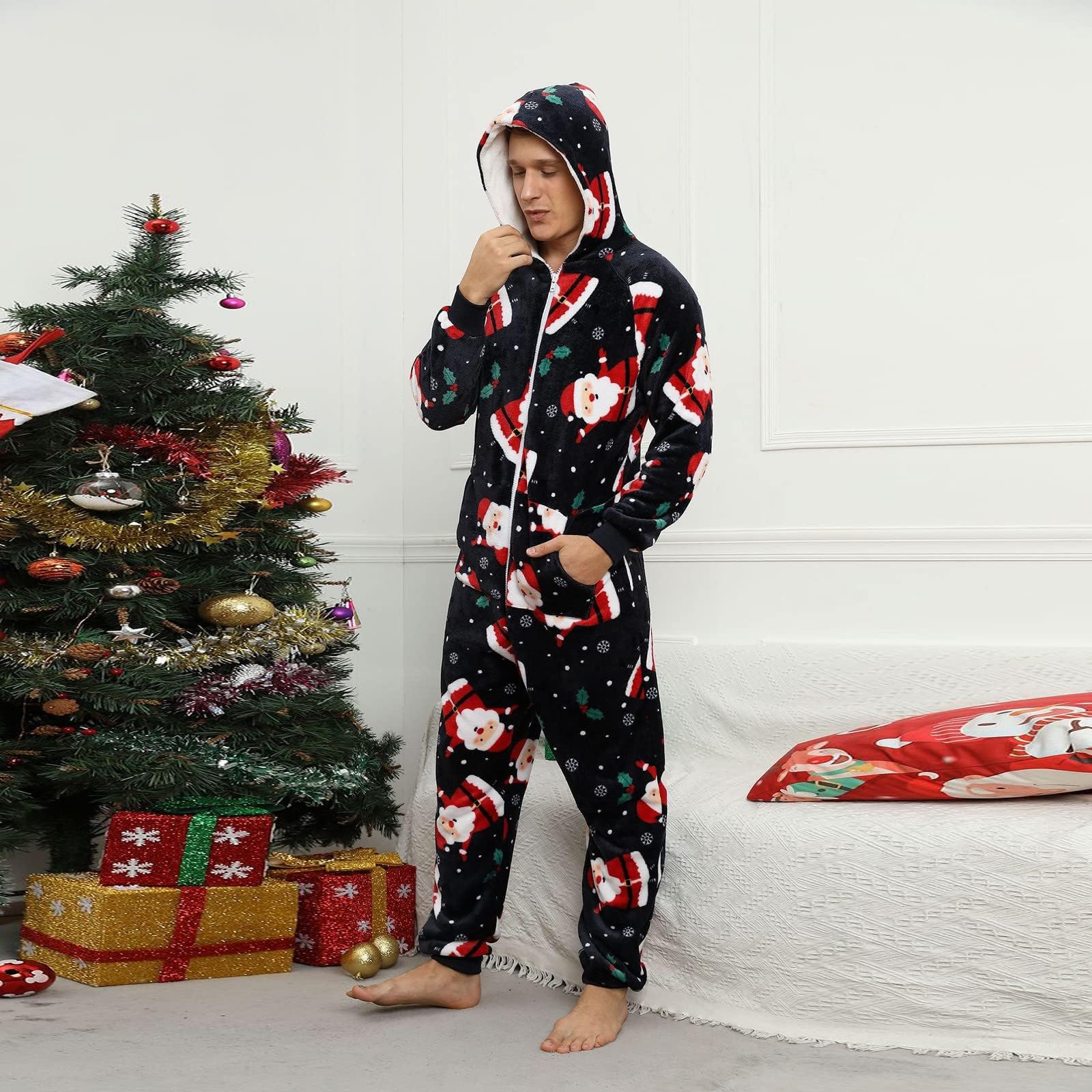 Generisch Onesie męski kombinezon na Boże Narodzenie, delikatny flanelowy kombinezon polarowy, piżama, z długim rękawem, jednoczęściowy, na zimę, termiczny, domowy kombinezon do joggingu