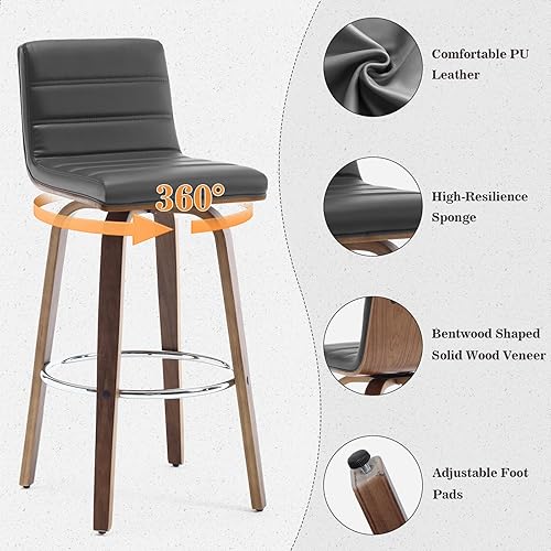 Miniatura 3 de Juego de 3 taburetes de bar giratorios con respaldos, 29 pulgadas de altura, taburete de bar tapizado de piel sintética, respaldo en forma de L y
