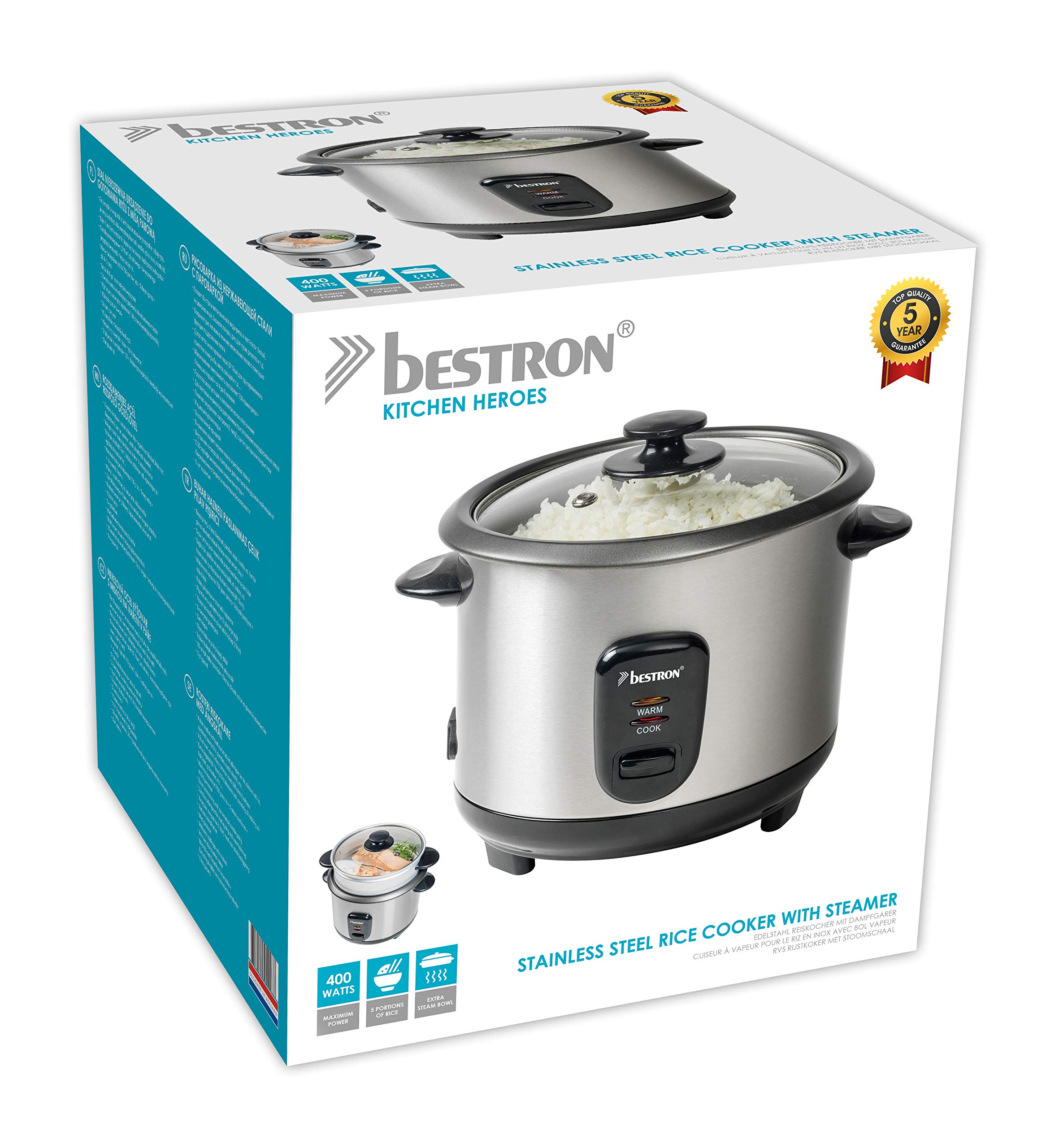 Bestron Olla Arrocera Grande con Recipiente de Cocción al Vapor y Función de Retención de Calor, 1 Litro, 400 Vatios, Acero Inoxidable