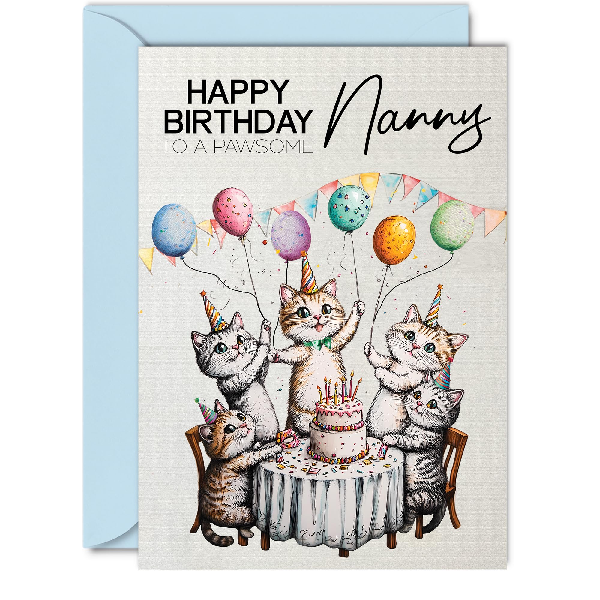 Nanny Birthday Card - Pawsome Party Cats Balloons - Happy Birthday Card for Nanny from Grandson Granddaughter, A5 Female Cat Bday Greeting Cards