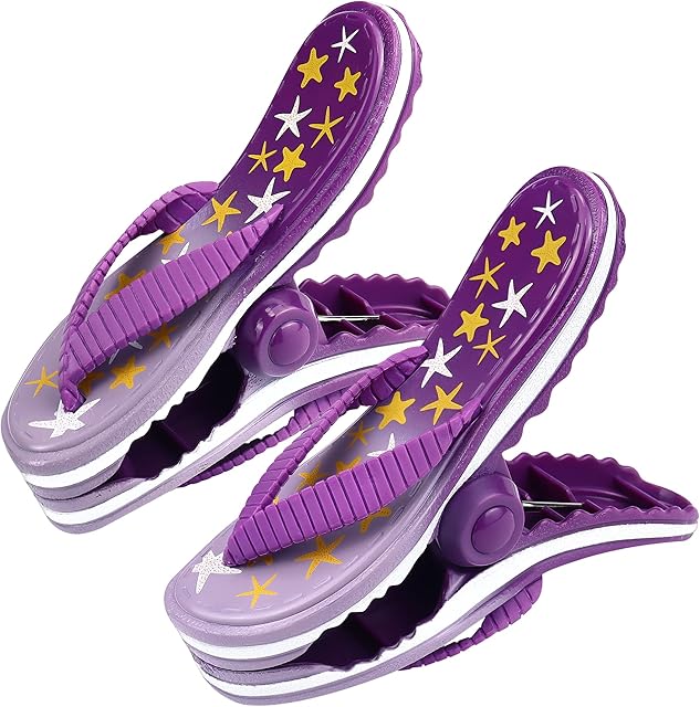 2 Pieces Purple Slipper Towel Clips with Star Pattern Large Novelty Sunbed Beach Pegs Strong Beach Chair Towel Clip Holder Heavy Laundry Clothes Sun bed Lounger for Pool Holiday Seaside Indoor Outdoor