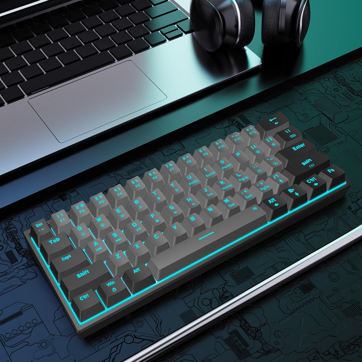 Snpurdiri 60% Wired Mechanical Gaming Keyboard, Ice Blue LED Backlit 61 Keys Mini Wired Office Keyboard for Windows Laptop PC Mac (Black-Grey, Red Switches)