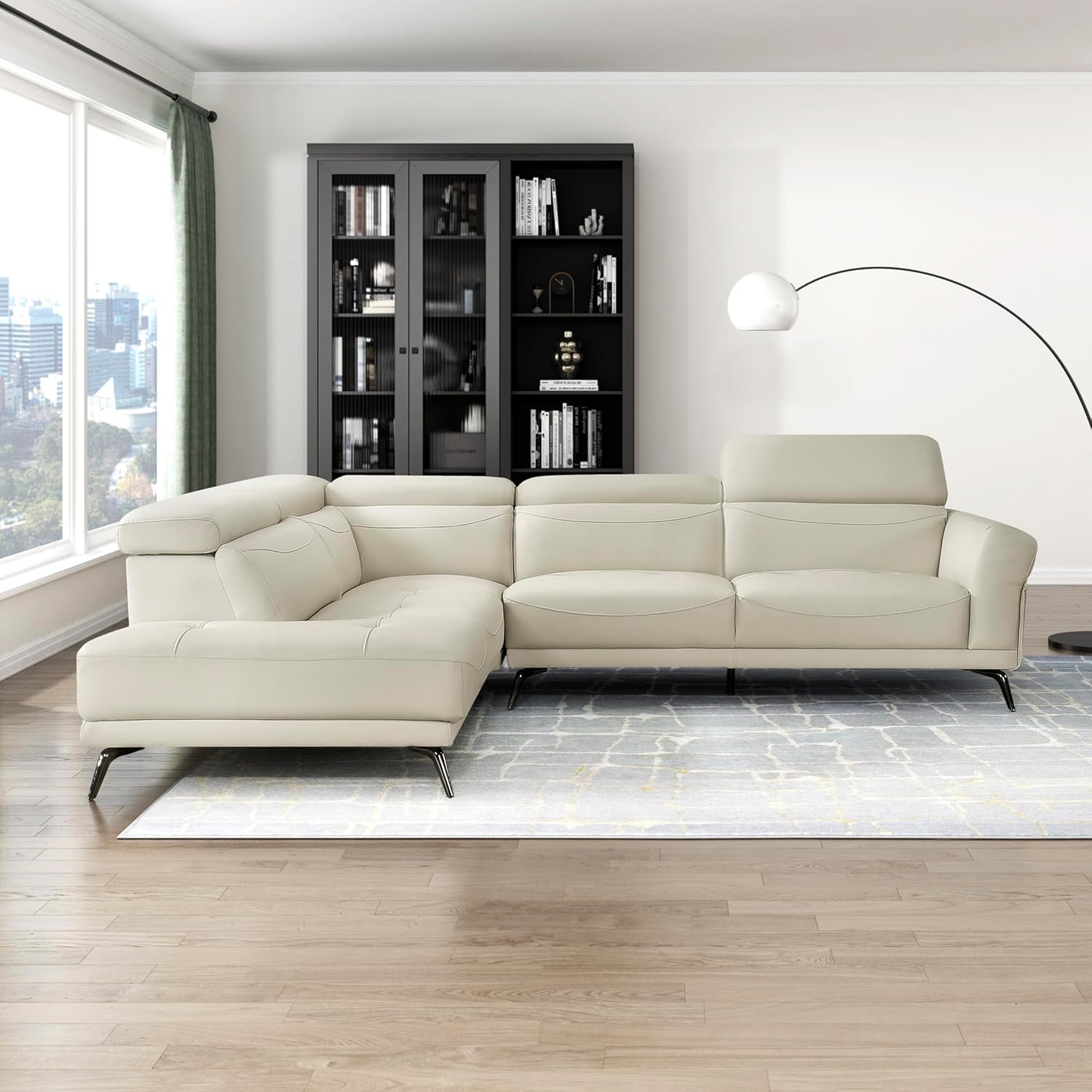 Lexicon L-Shaped Sectional Couch with Left Chaise, Top Grain Leather Match Sectional Sofa, Adjustable Headrests, Black Chrome Metal Legs, High-Density Cushions, Stitching, for Living Room, Beige