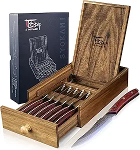 Steak Knives Set Of 6 With Drawer Organizer, 4.8 Inch High-Carbon Japanese Style Non-serrated Meat Knife With Wood Handle, Damascus Pattern Full Tang Design, Razor-Sharp Dinner Knives