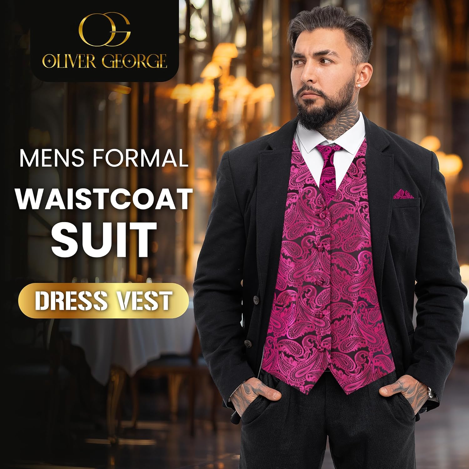 Oliver George Men's 3pc Paisley Formal Suit Waistcoat Tuxedo Dress Vest Necktie Handkerchief Set for Suit or Tuxedo