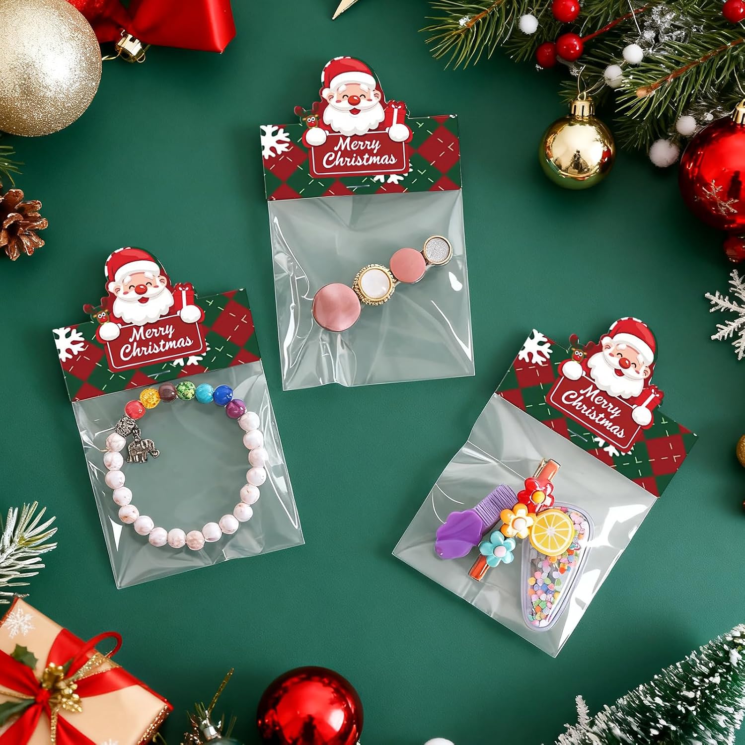 joycraft Jewelry Packaging for Small Business – 100Pcs OPP Clear Christmas Treat Bags with Santa Header Cards, Christmas Jewerly Display Bags Packaging for Party Favors, Bakery & Holiday Gift Wrapping