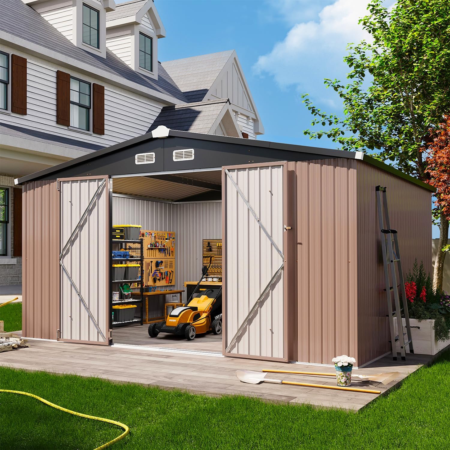 Aoxun 12×10 FT Shed Metal Outdoor Waterproof Storage Shed Steel Utility Garden Tool Shed with Door & Lock Outdoor Storage for Garden Patio Lawn Poolside, Brown