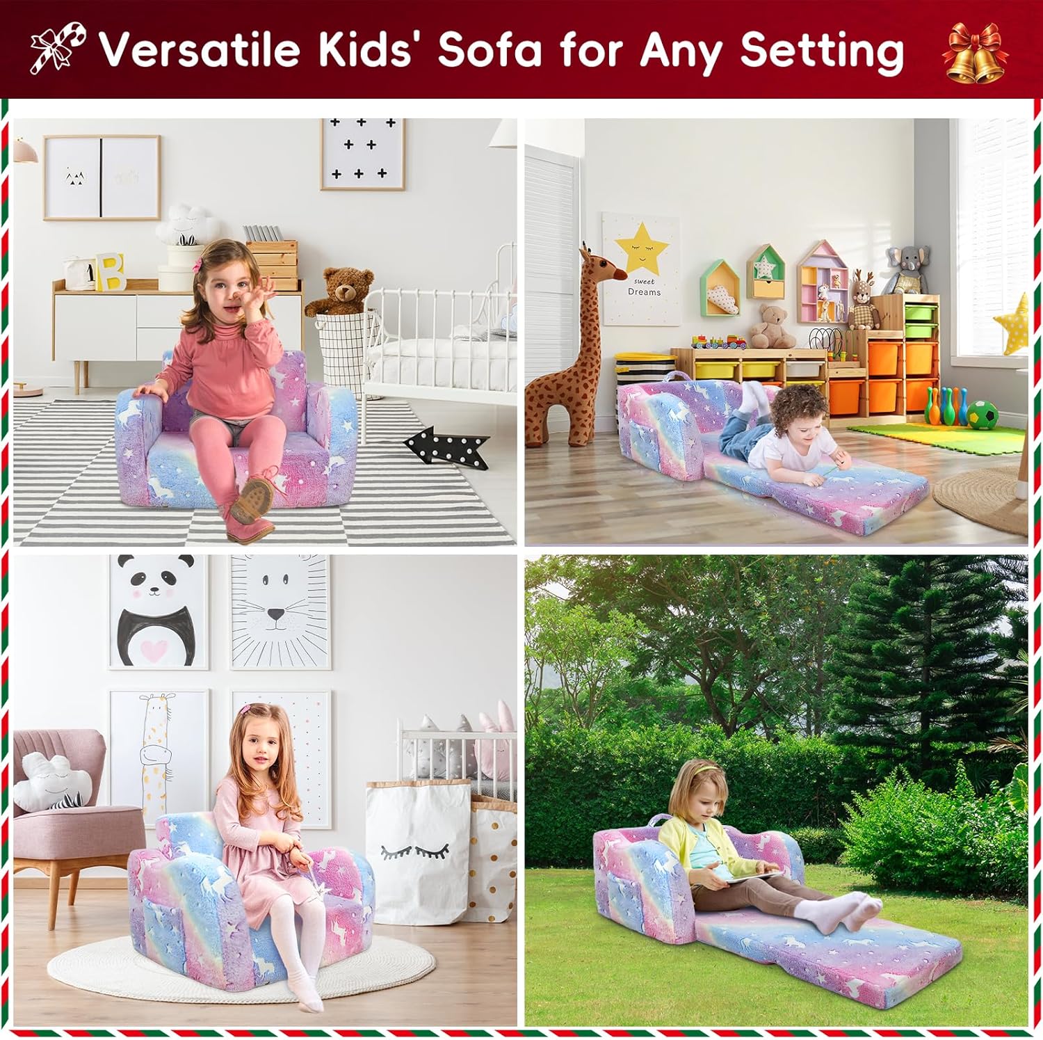 2-in-1 Kids Chair for 2 Seats,Convertible Toddler Couch to Lounger,Comfy Folding Play Sofa for Girls Boys,Glowing Rainbow