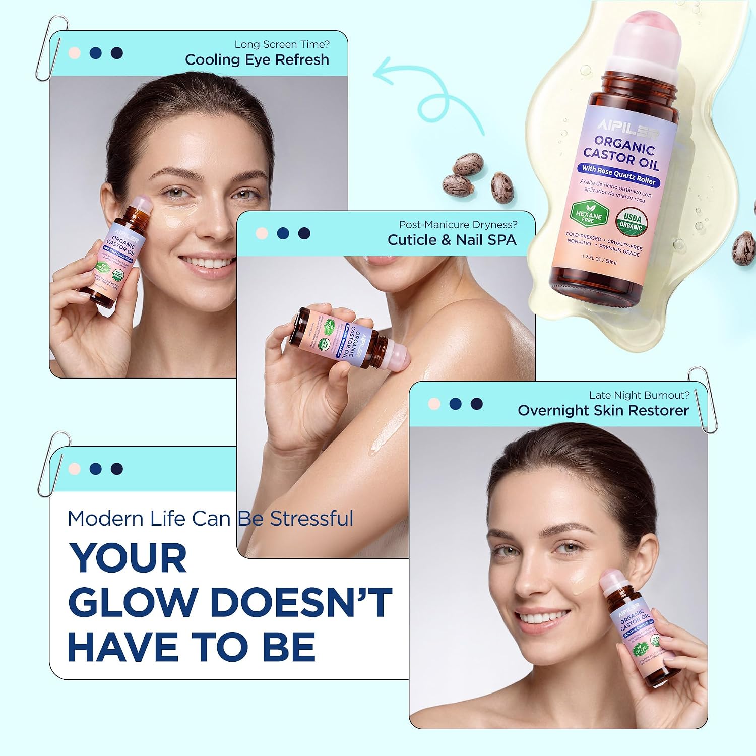Castor Oil Rose Quartz Rollerball: Organic Castor Oil Roll On for Face | 100% Pure Organic Cold Pressed Castor Oil for Wrinkles Fine Lines Thicker Lashes Brows Skin Self Care Gift 1.7 fl.oz