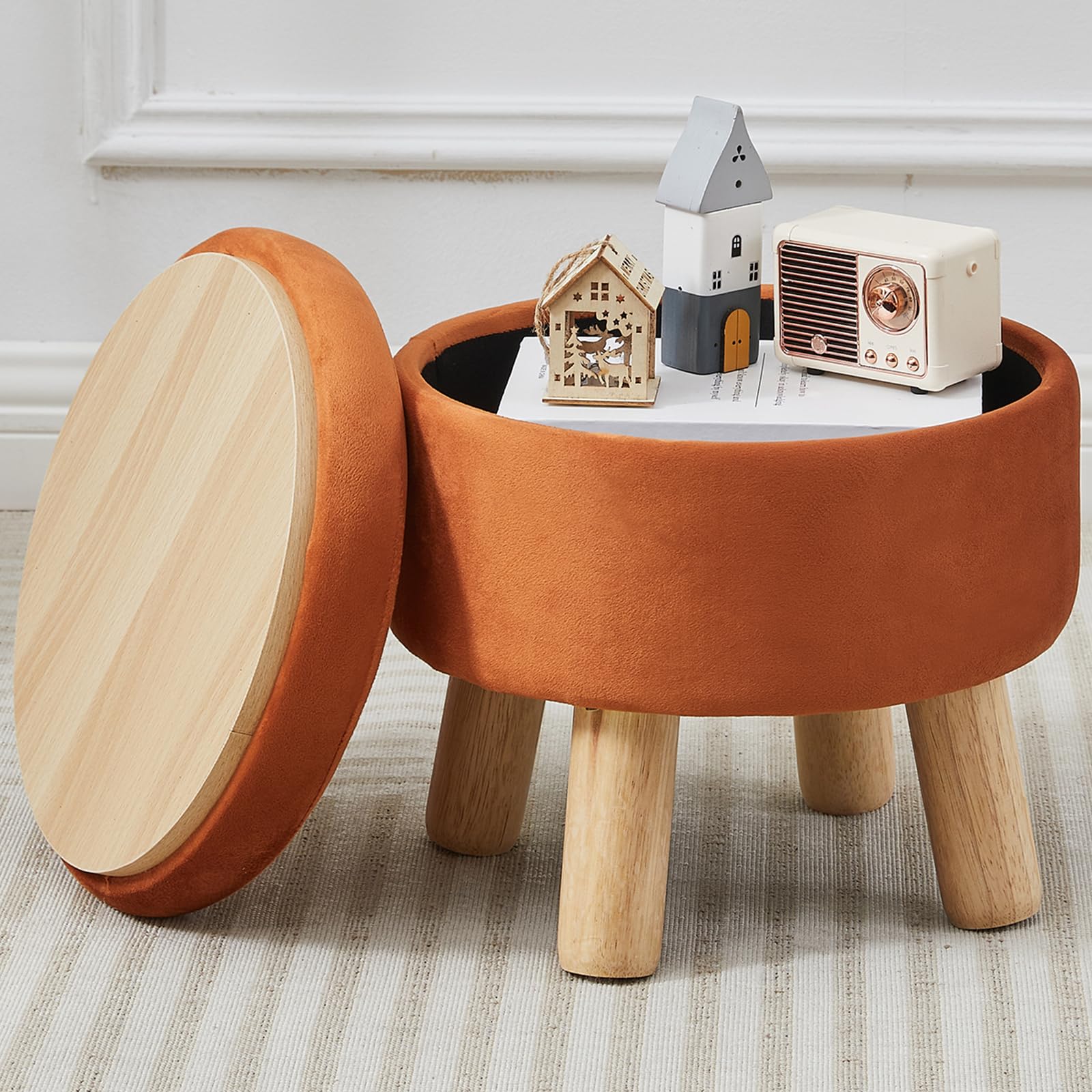 BRIAN & DANY Footstool with Storage, Small Storage Ottoman, Velvet Round Stool with Lid, Foot Stool with Legs for Living Room Entryway, Orange