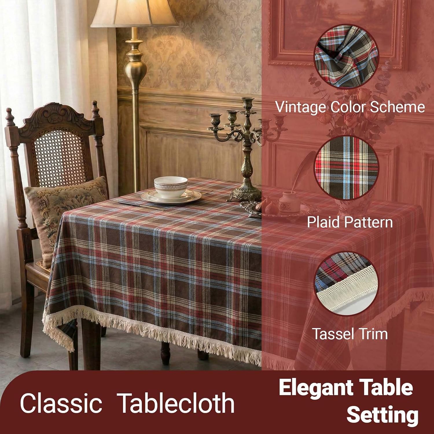 Q&J FABRIC CO. Plaid Tassel 55x55 Inch Square Tablecloth Poly Cotton Brown Boho Gingham Table Cloths Washable Tartan Table Cover Wrinkle Free for Dining Room Kitchen Party Picnic Decor