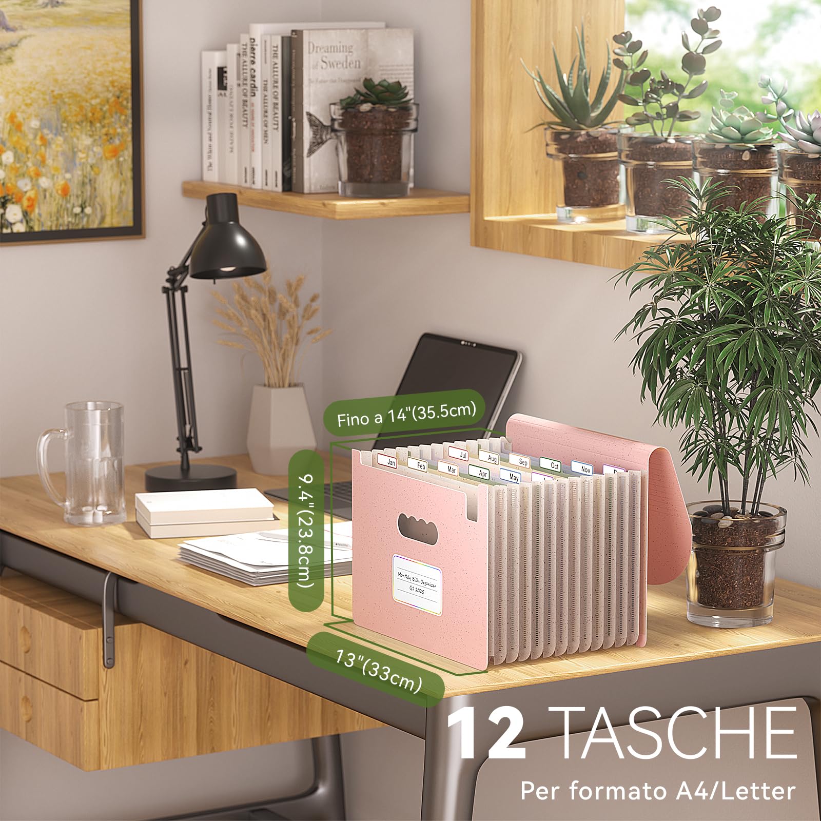 EcoStash Cartella Portadocumenti A4, 12 Tasche Porta Documenti in Paglia di Grano, Raccoglitore Documenti Espandibile per Ufficio Casa, Senza BPA, Ritorno alla Natura, Vita Sana - Rosa Fragola