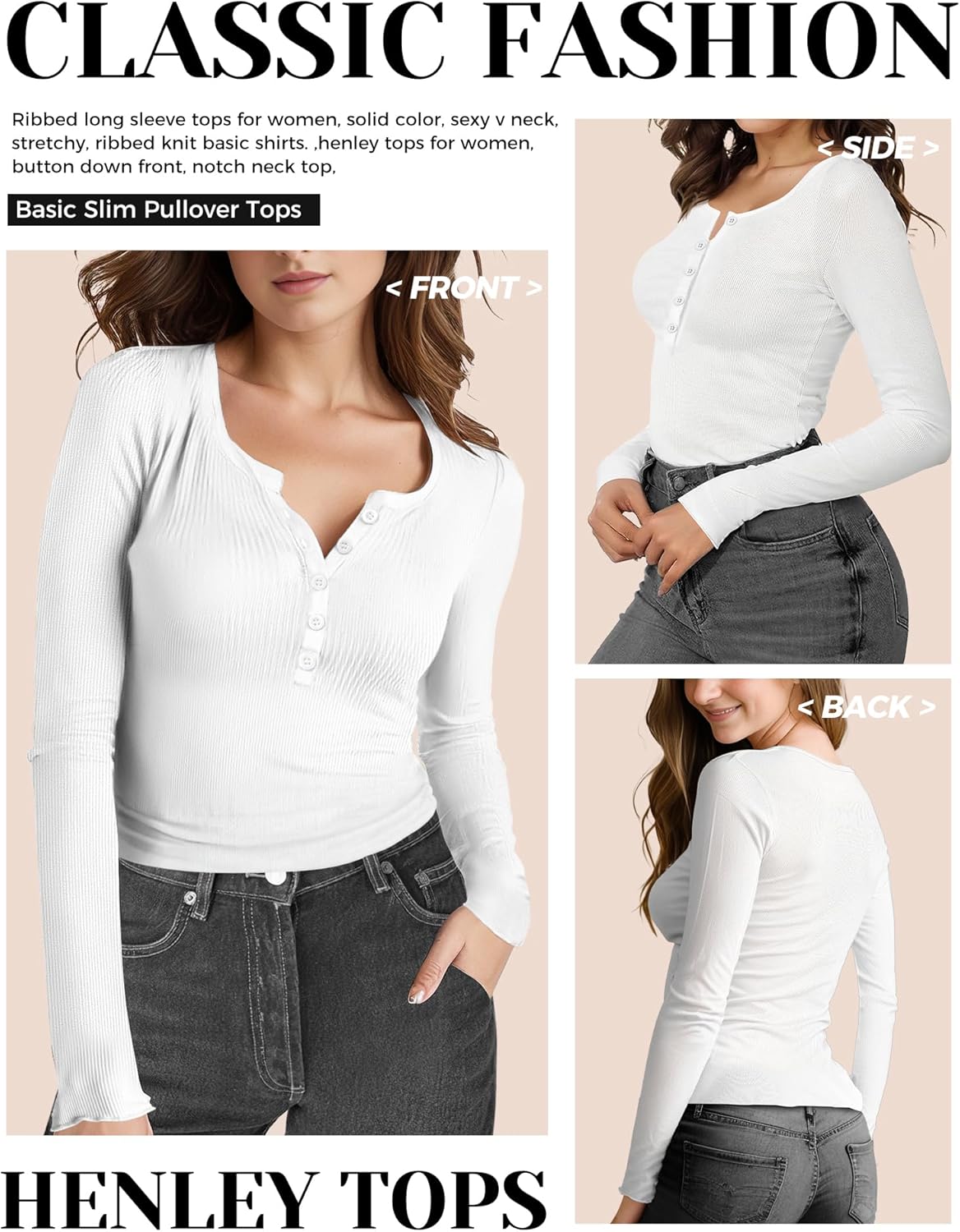 Long Sleeve Shirts for Women, Casual Solid Henley Tops Button Down Shirts, V Neck Blouses Basic Ribbed Knit T Shirts Tunic, Basic Fall Spring T-Shirts for Women for Cocktail Party Holiday (White,XL) - Image 2