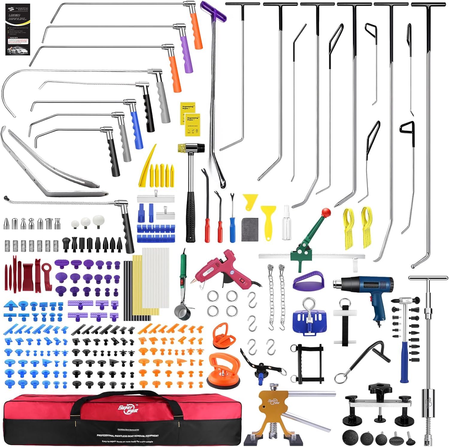 Super PDR Professional PDR Rods Kit for Dent Removal, 400+pcs Paintless Dent Repair Tools with Patented 360° Rotatable Handles, Cordless 3-Color LED Board, Pro Glue Melting Pot & Thermal Glue Remover